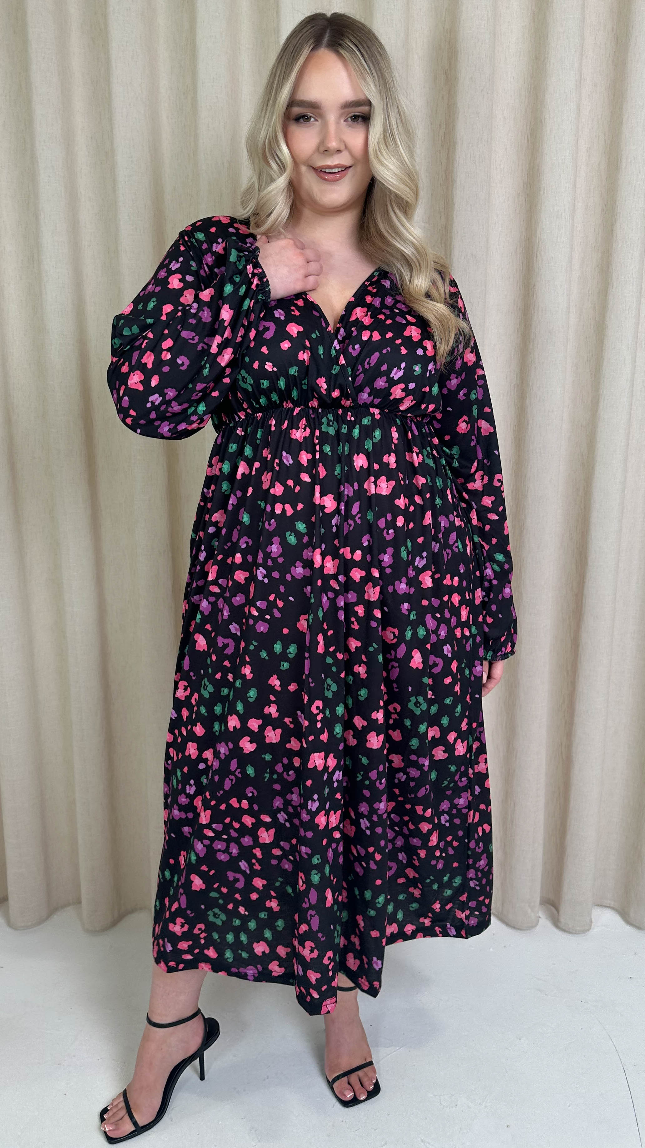 CurveWow Wrap Balloon Sleeve Midaxi Dress Multi Animal