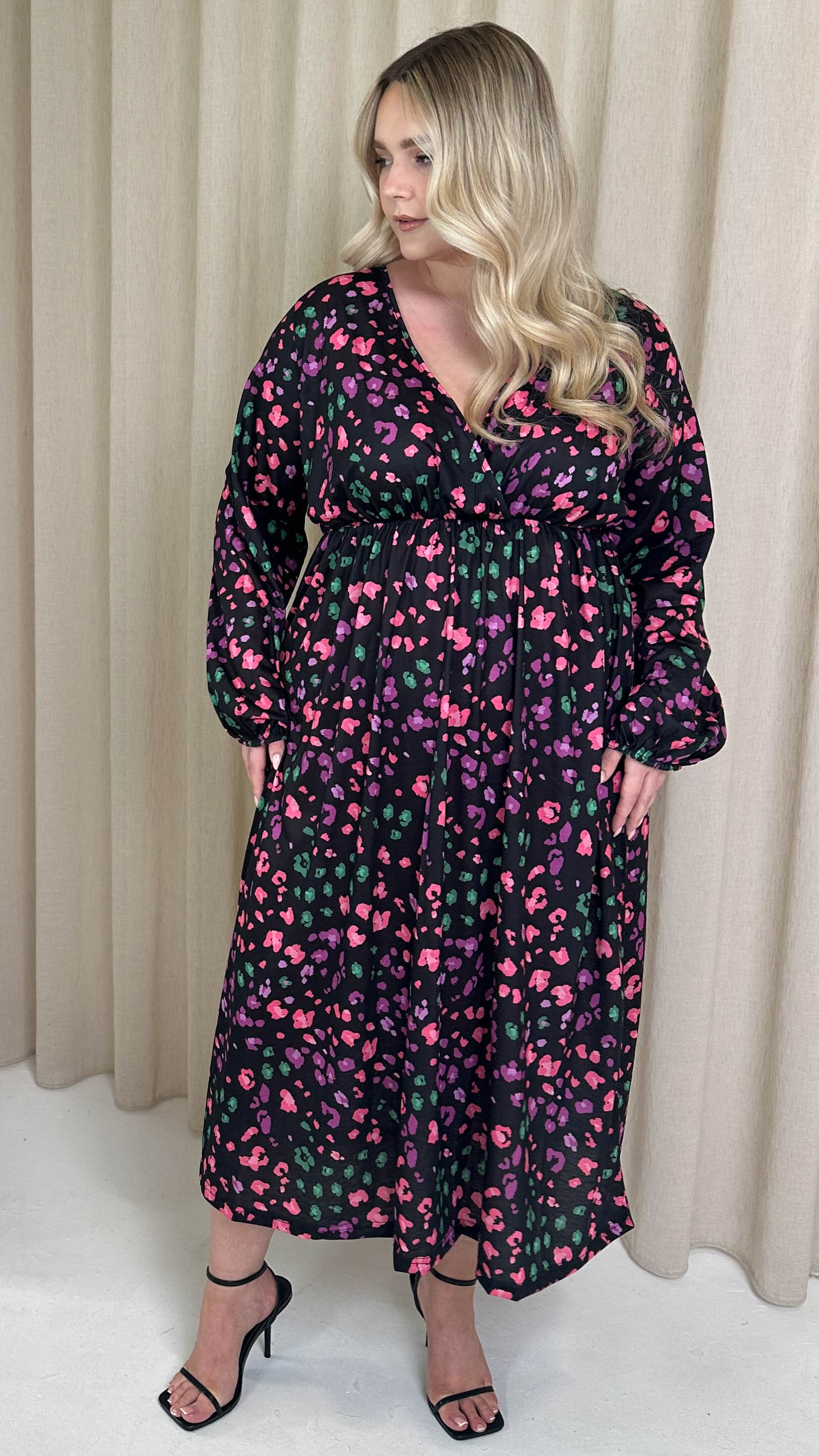 CurveWow Wrap Balloon Sleeve Midaxi Dress Multi Animal