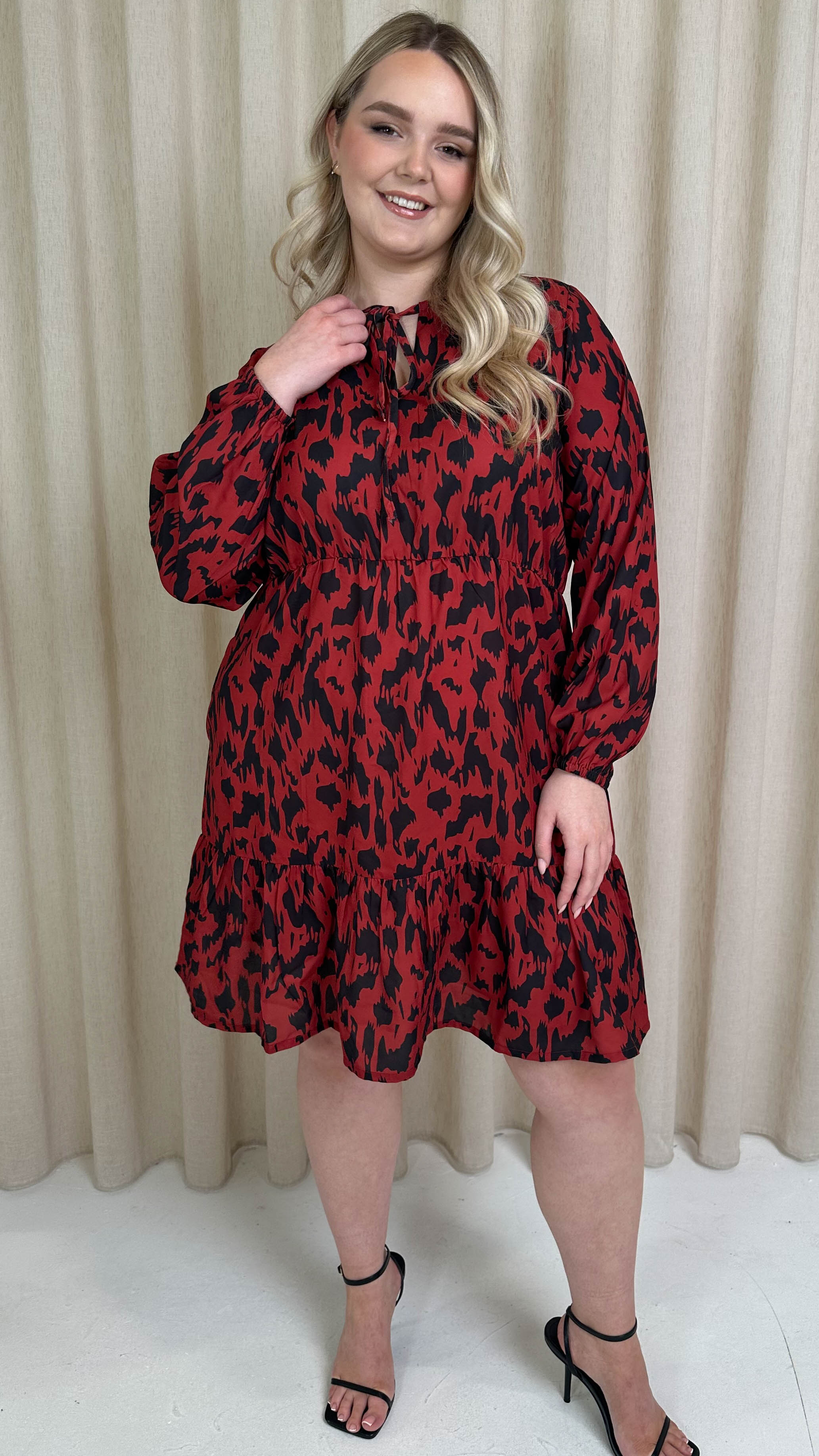 CurveWow Tie Neck Tiered Mini Dress Red Animal