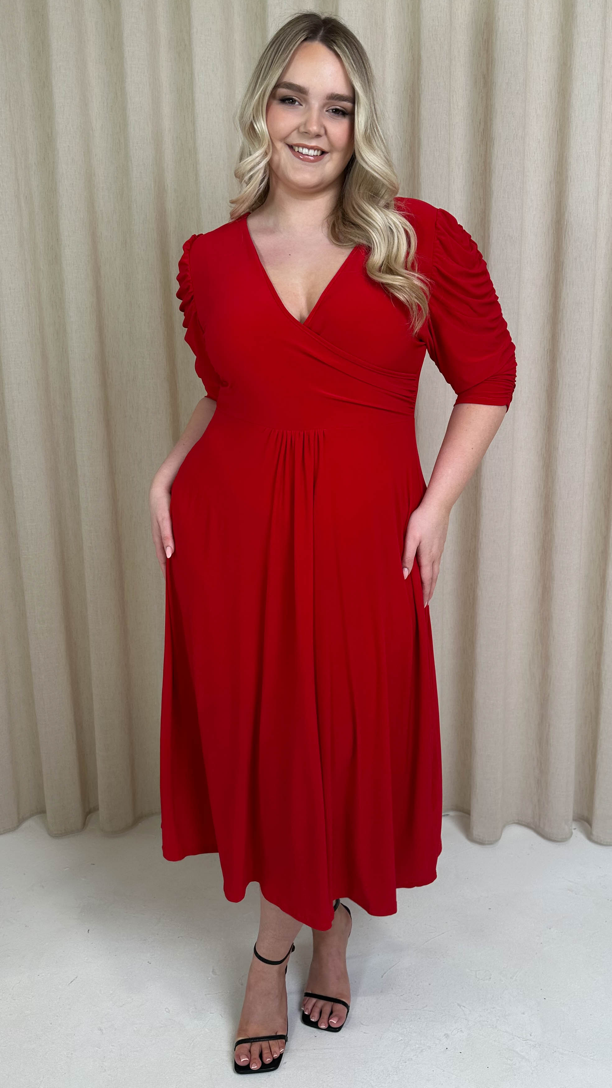 CurveWow 3/4 Balloon Sleeve Wrap Midi Dress Red