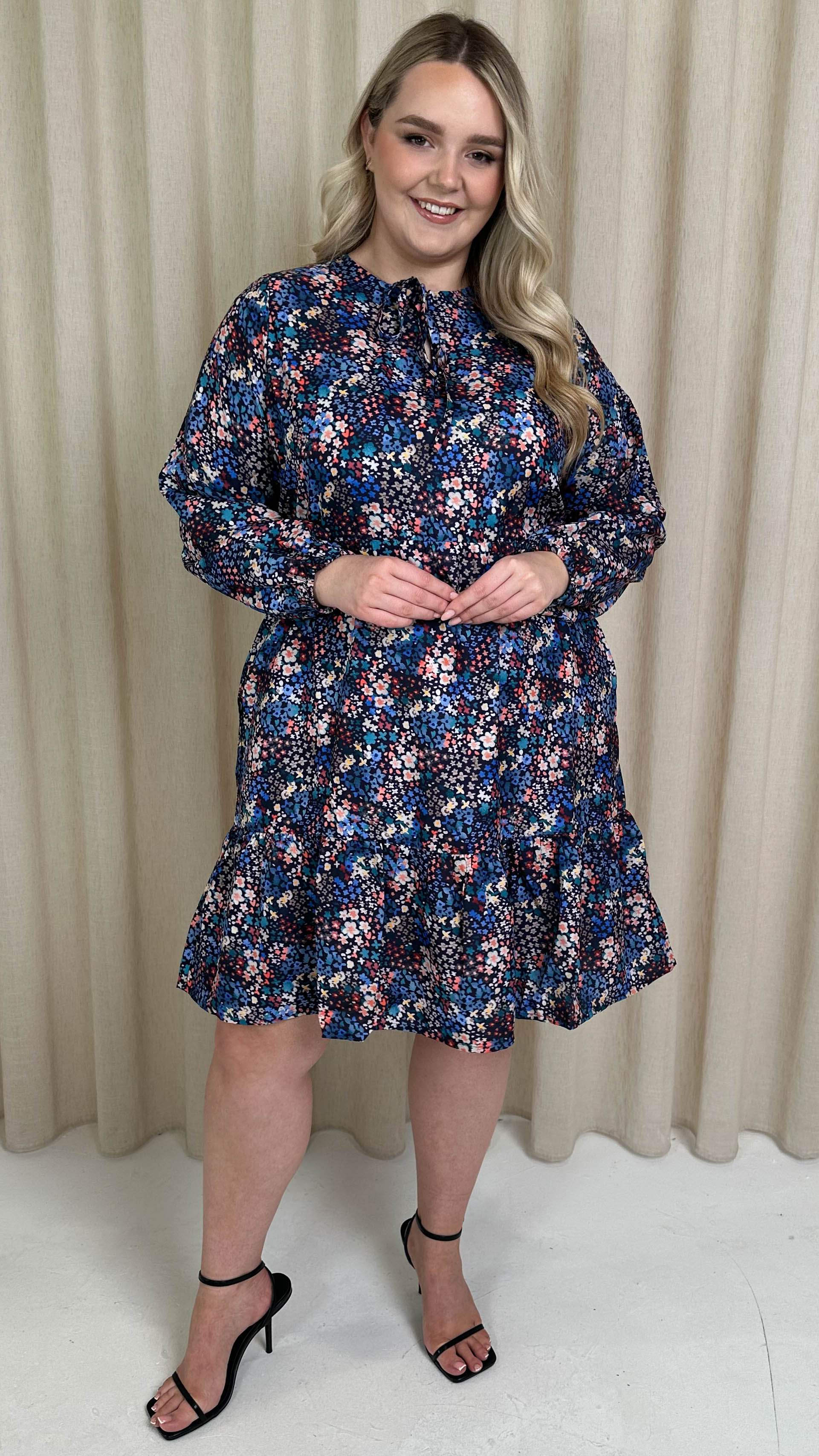 CurveWow Tie Neck Tiered Mini Dress Multi Floral