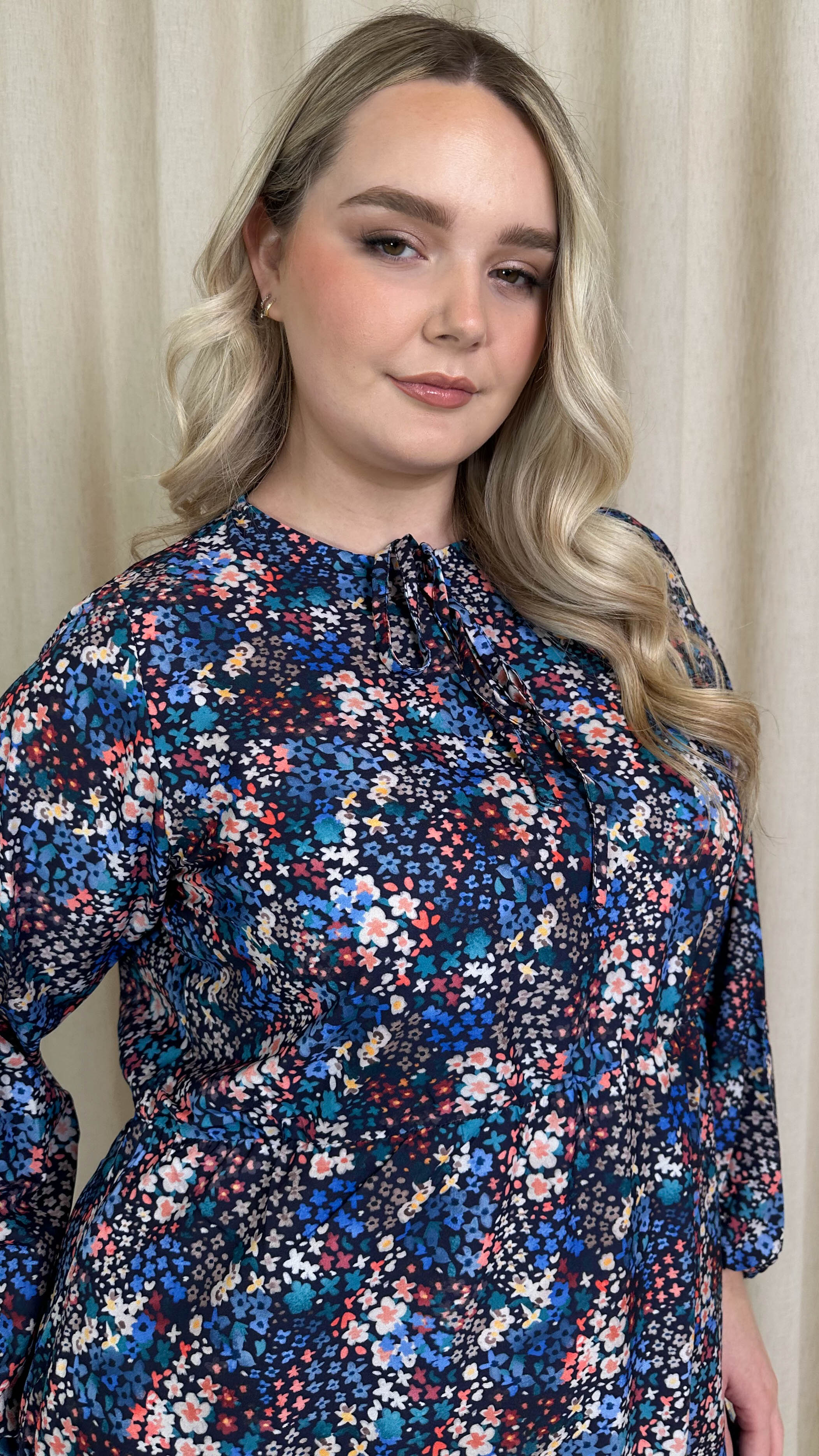 CurveWow Tie Neck Tiered Mini Dress Multi Floral