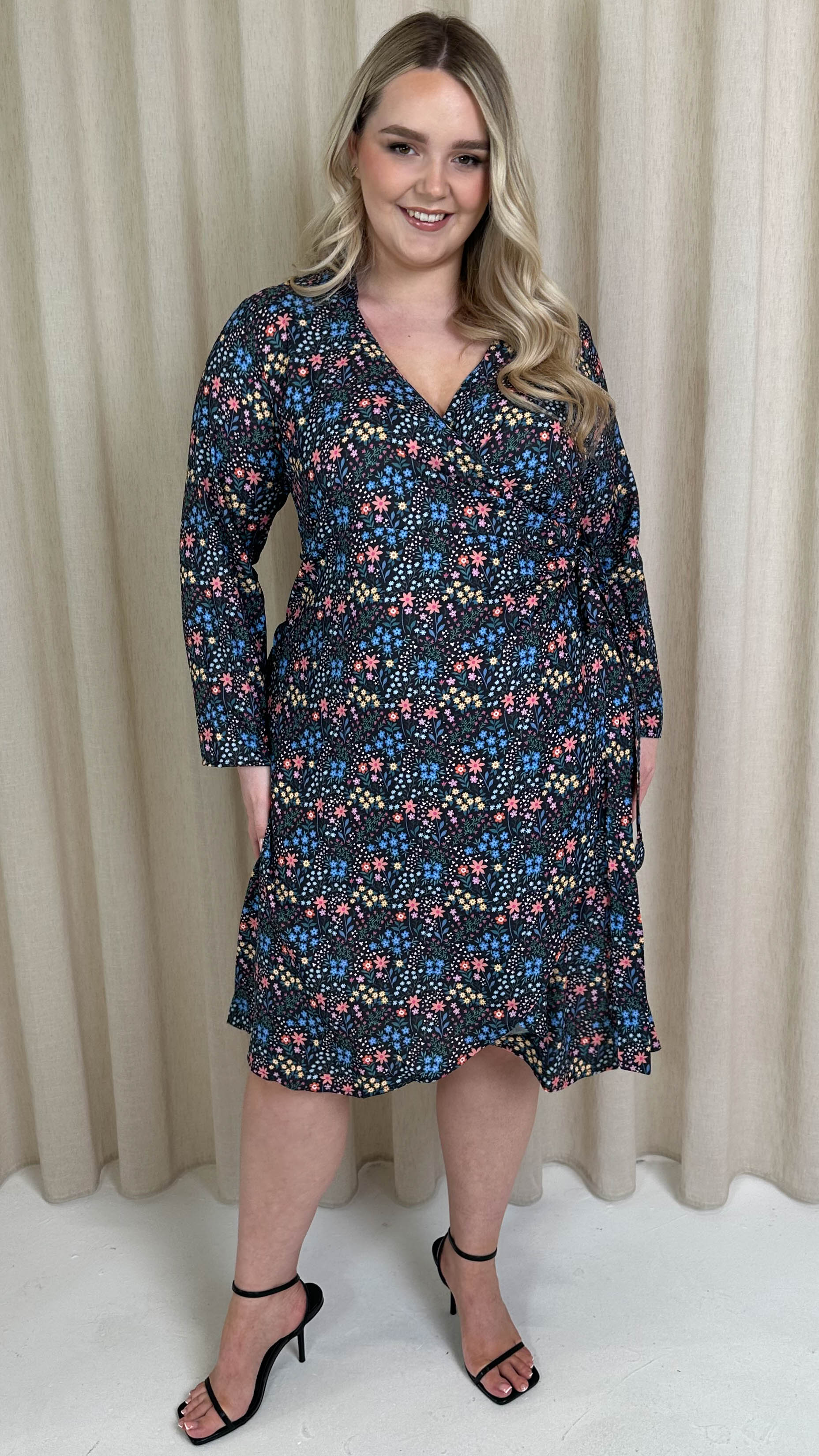 CurveWow Wrap Shirt Dress Black Multi Floral