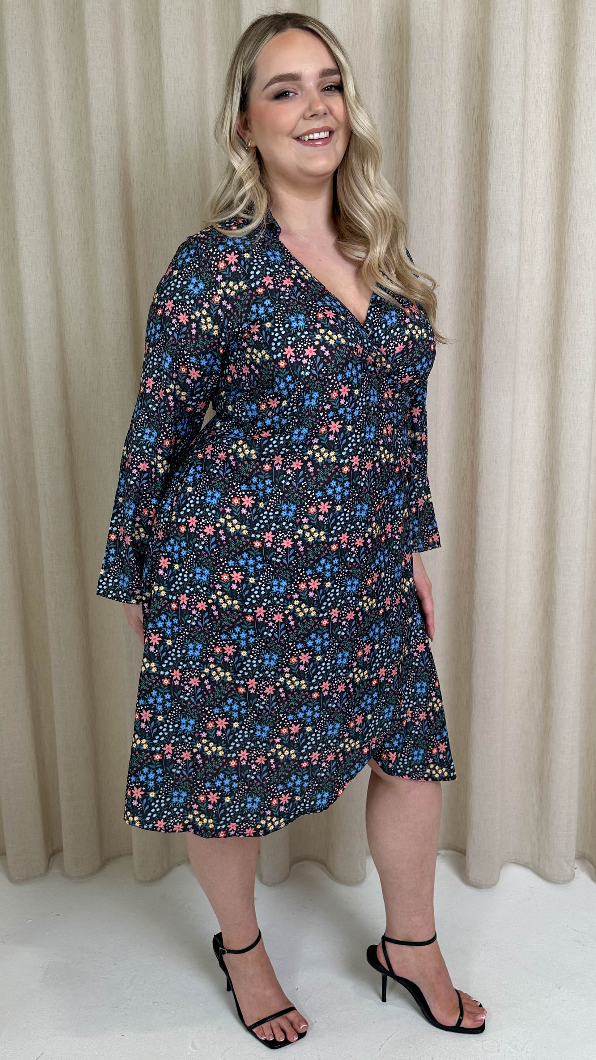 CurveWow Wrap Shirt Dress Black Multi Floral