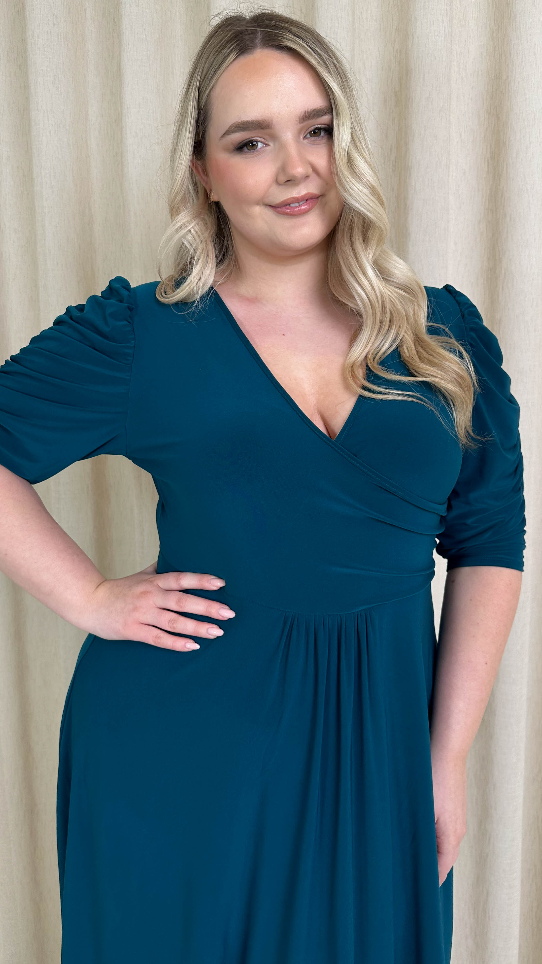 CurveWow 3/4 Balloon Sleeve Wrap Midi Dress Petrol