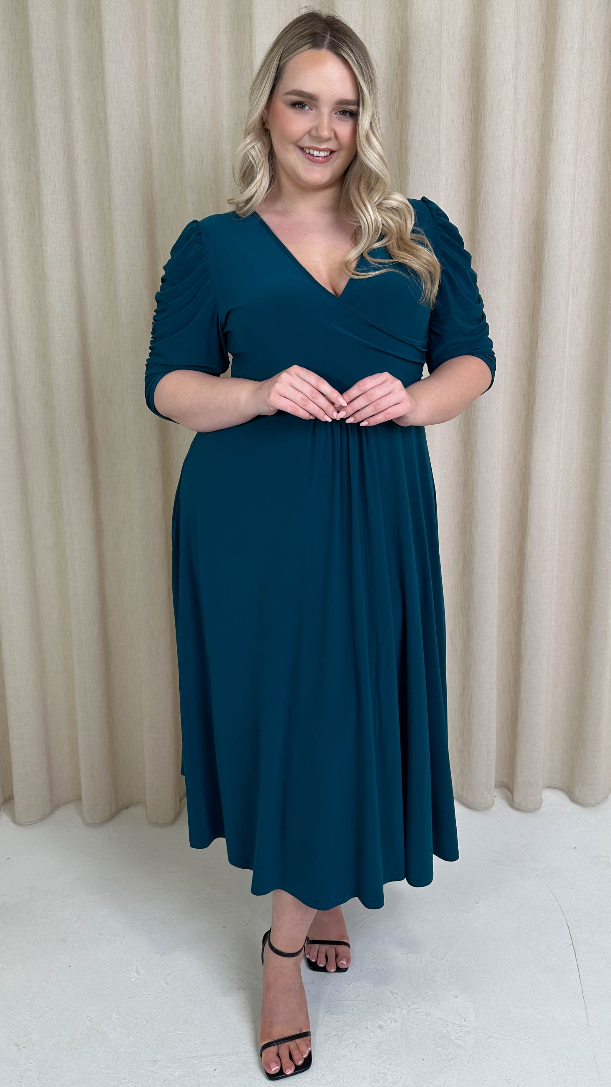 CurveWow 3/4 Balloon Sleeve Wrap Midi Dress Petrol