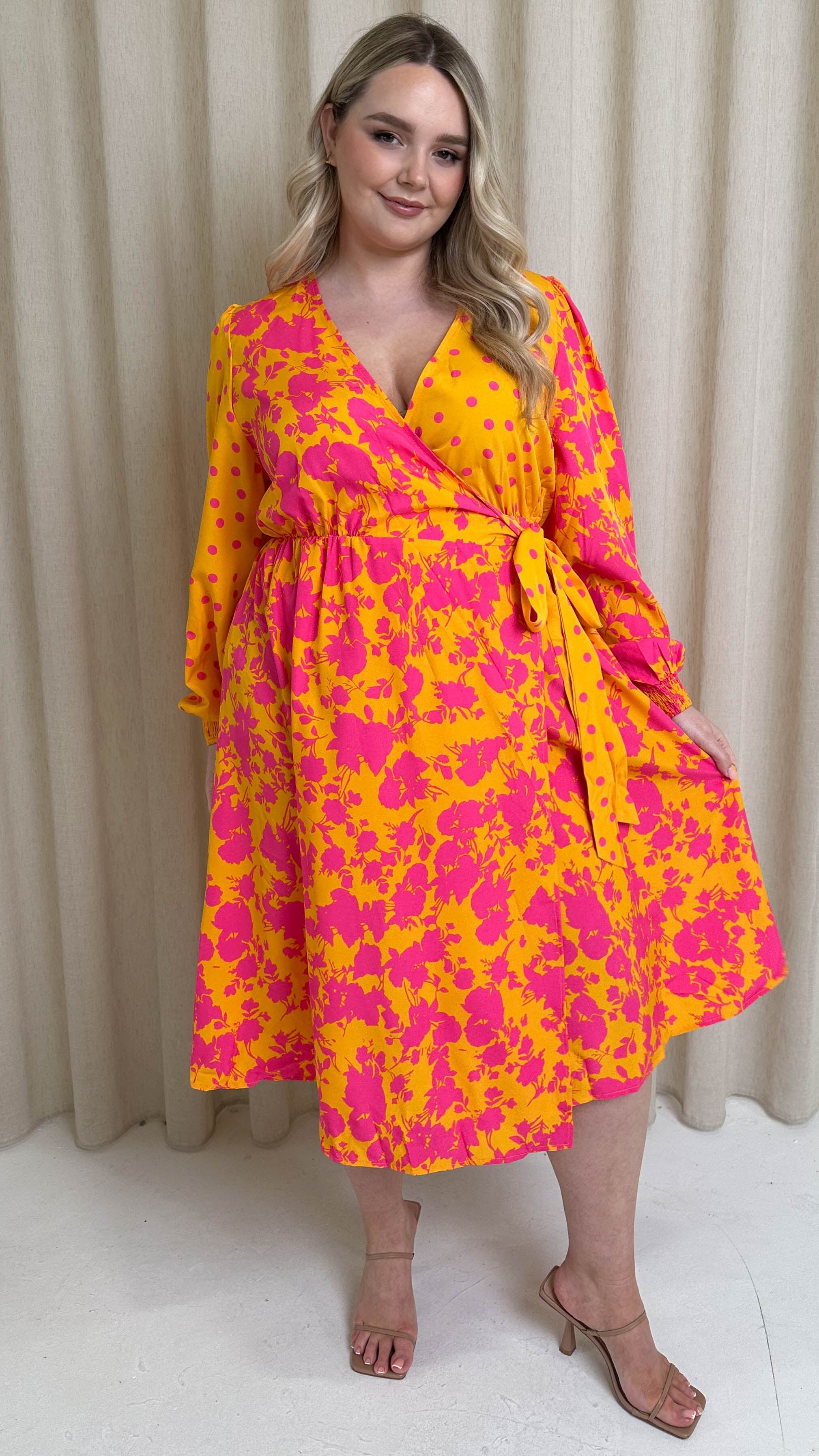 CurveWow Splice Wrap Midi Dress Pink/Orange