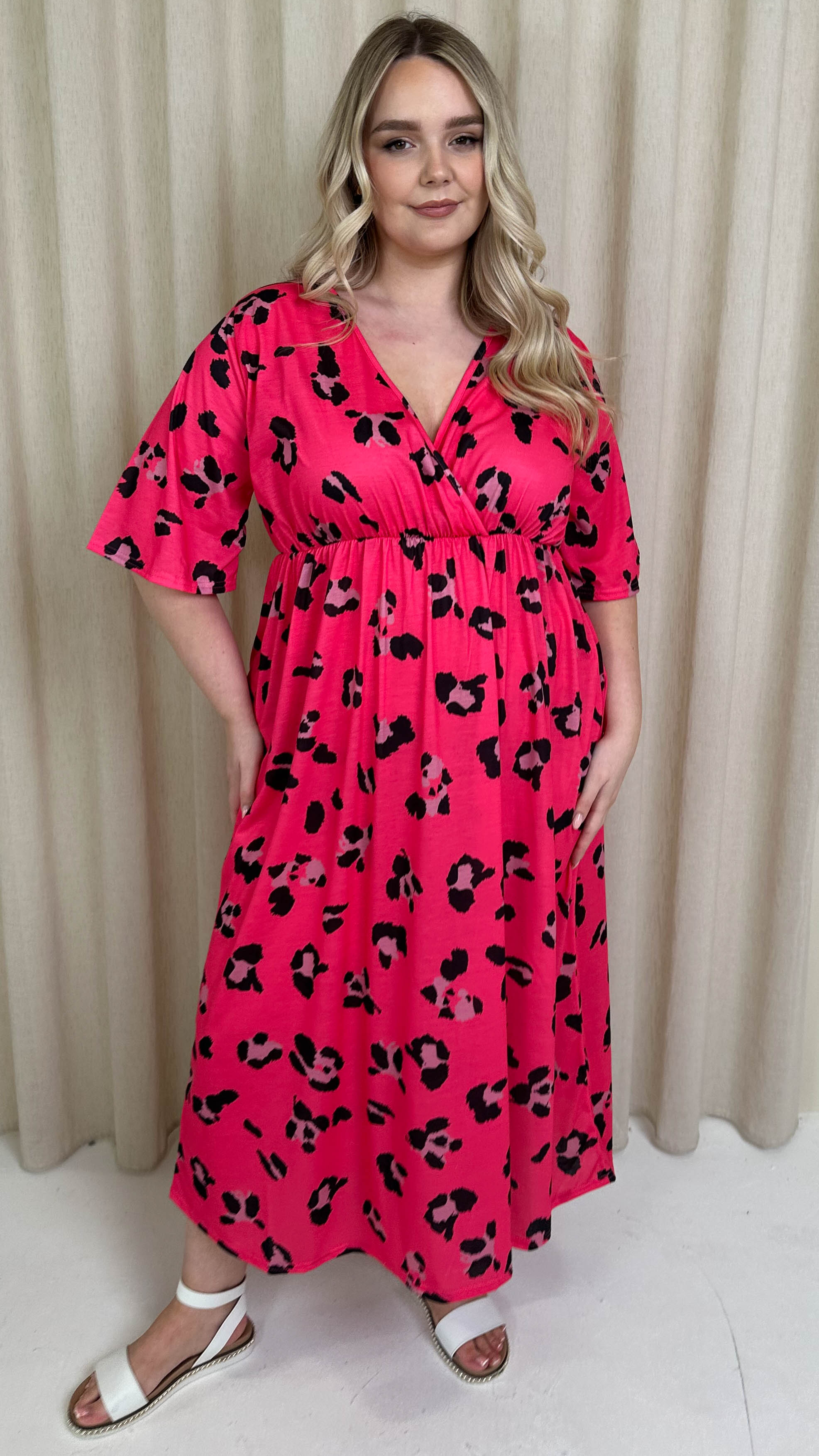 CurveWow Petite Wrap Midi Dress Bright Pink Leopard