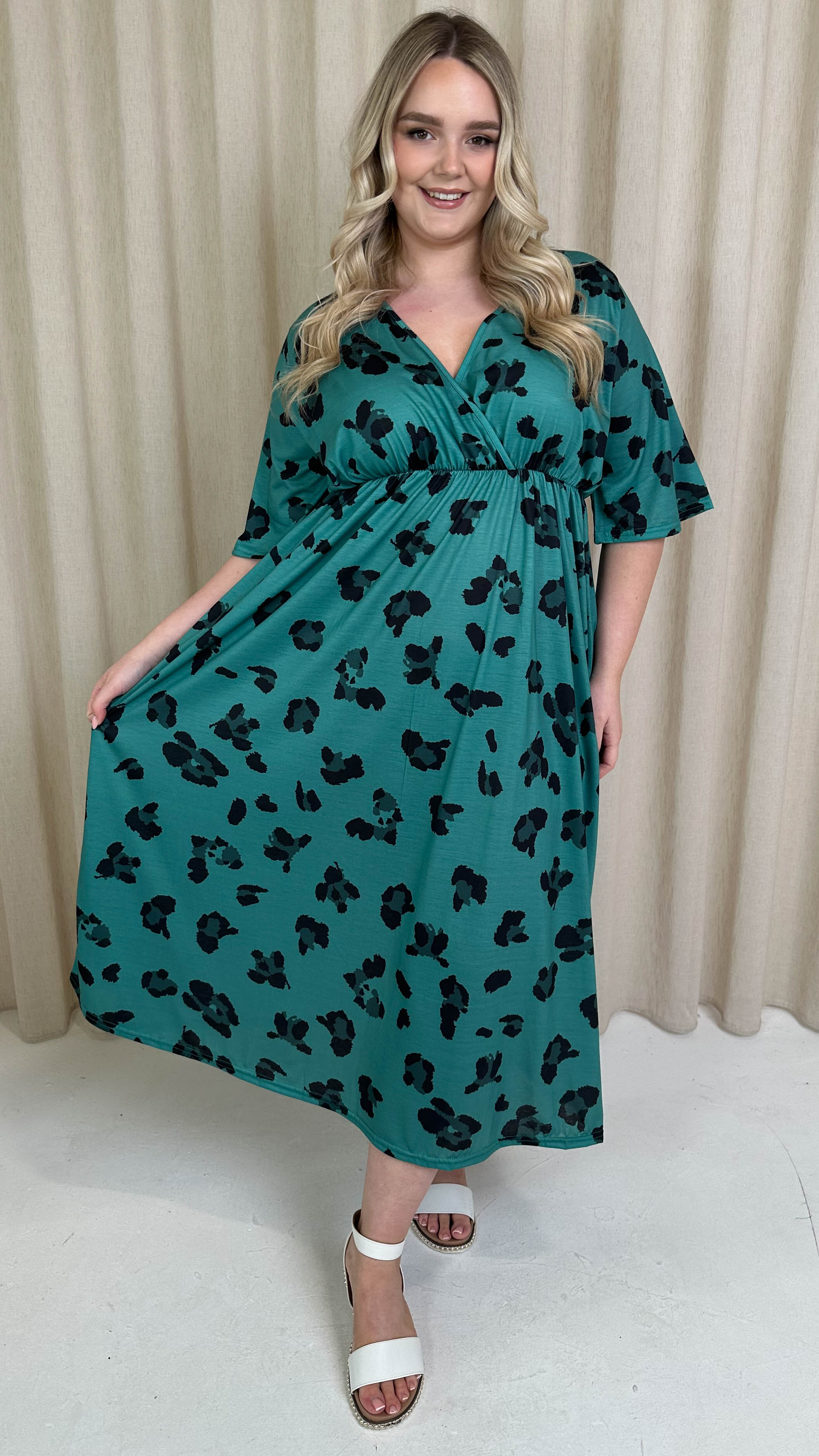 CurveWow Wrap Midi Dress Green Leopard