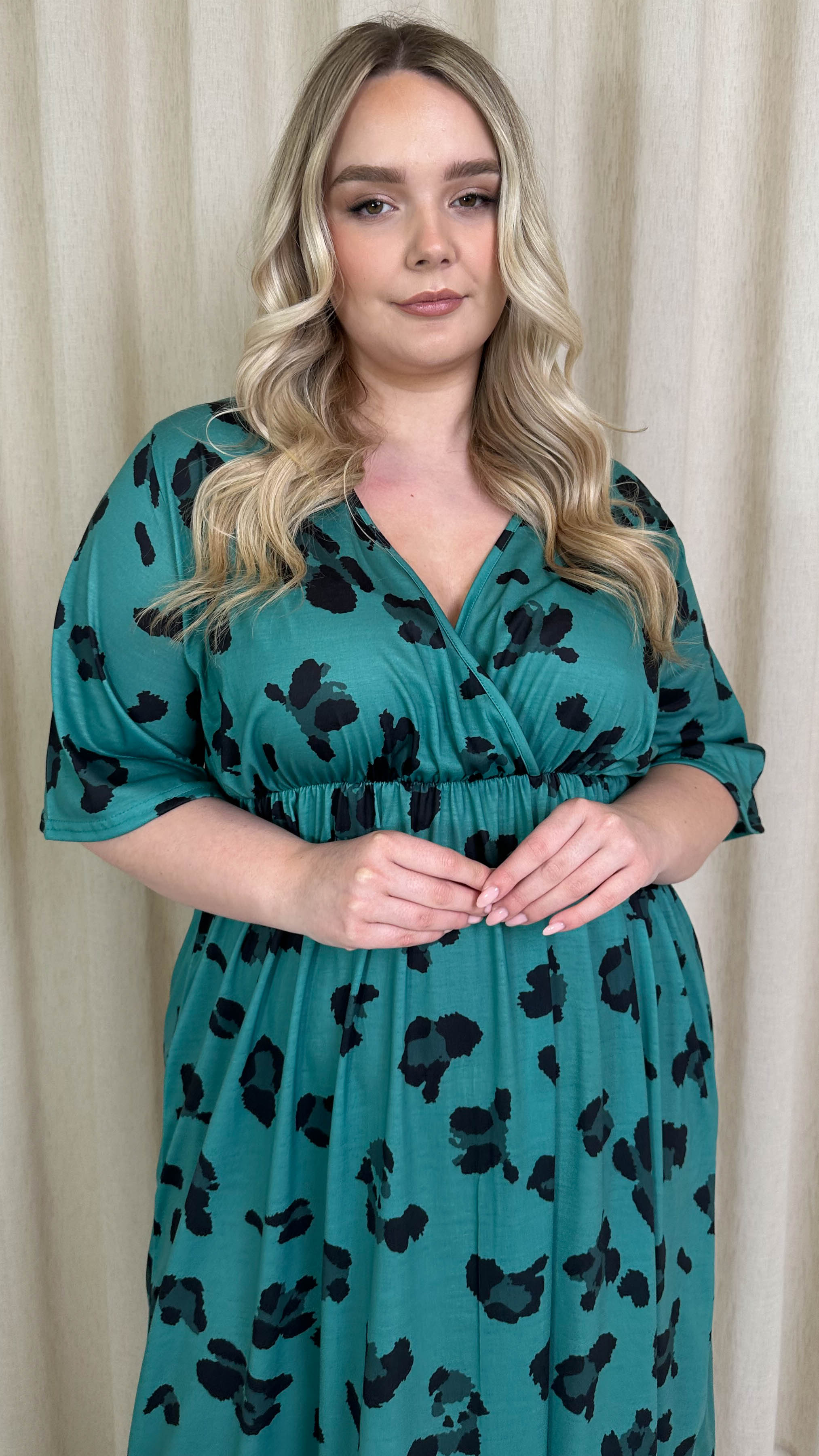 CurveWow Wrap Midi Dress Green Leopard