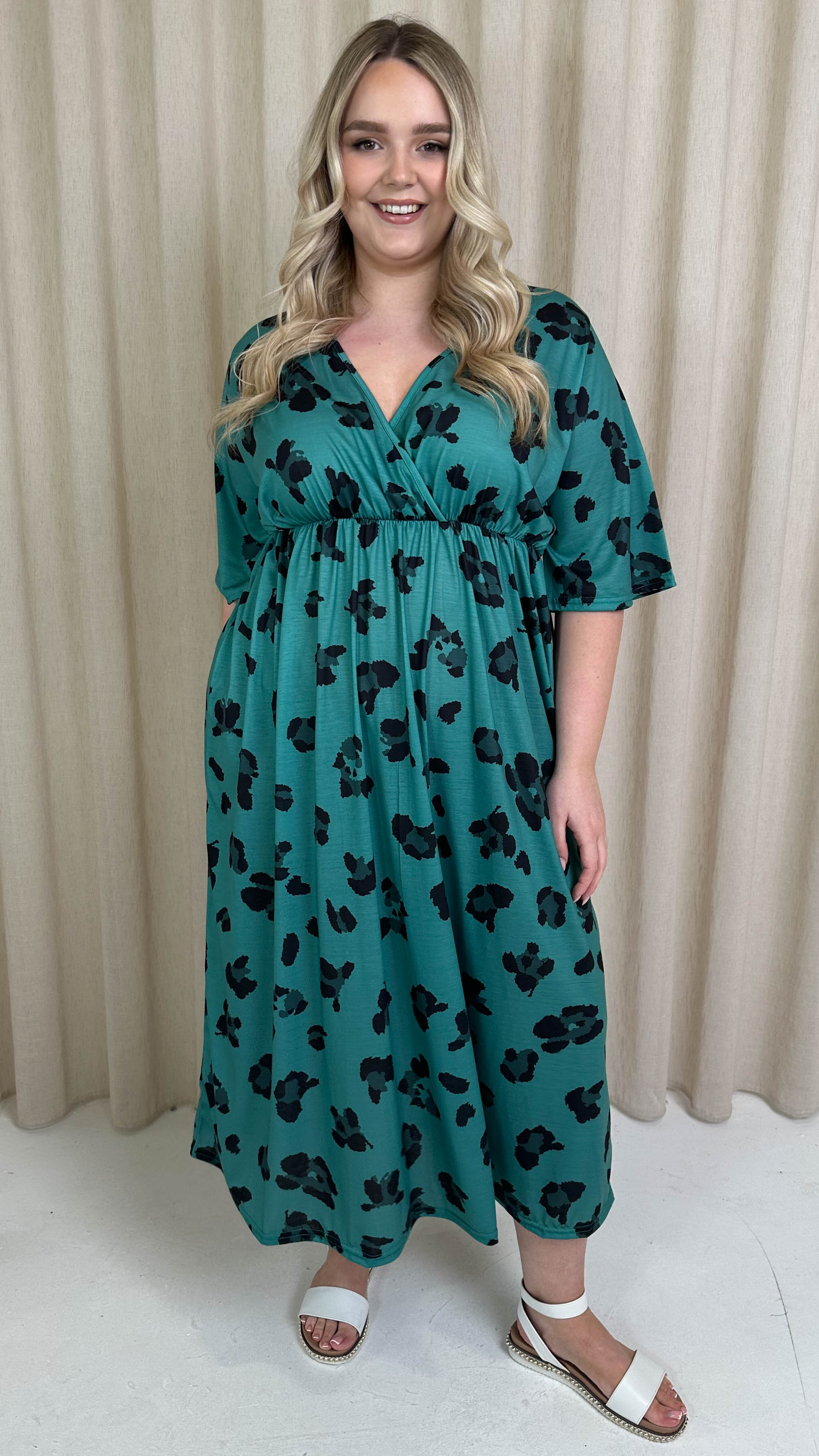 CurveWow Wrap Midi Dress Green Leopard