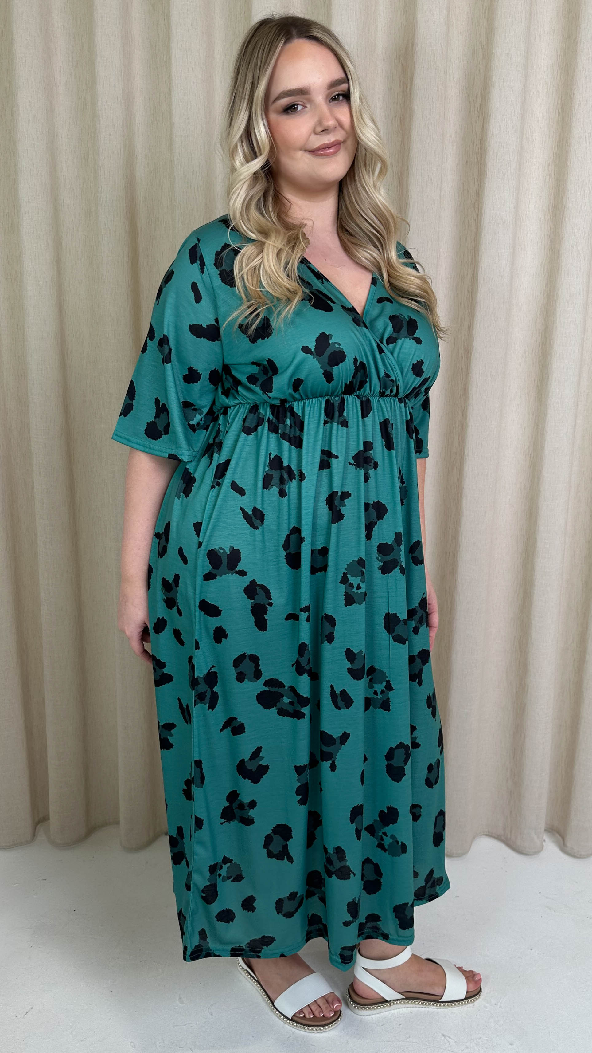 CurveWow Wrap Midi Dress Green Leopard