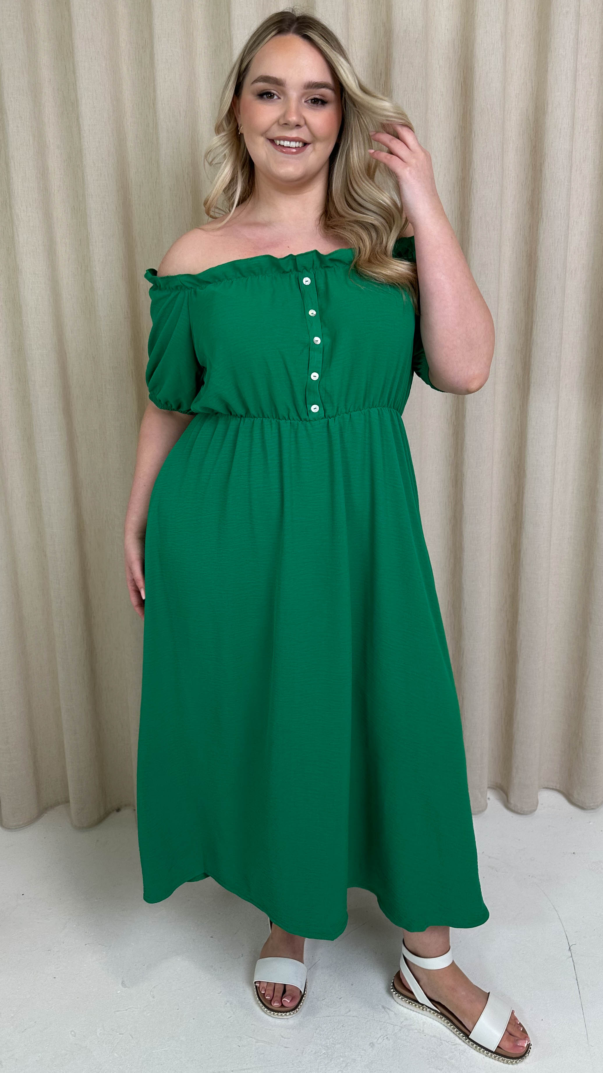 CurveWow Bardot Midi Dress Jade Green