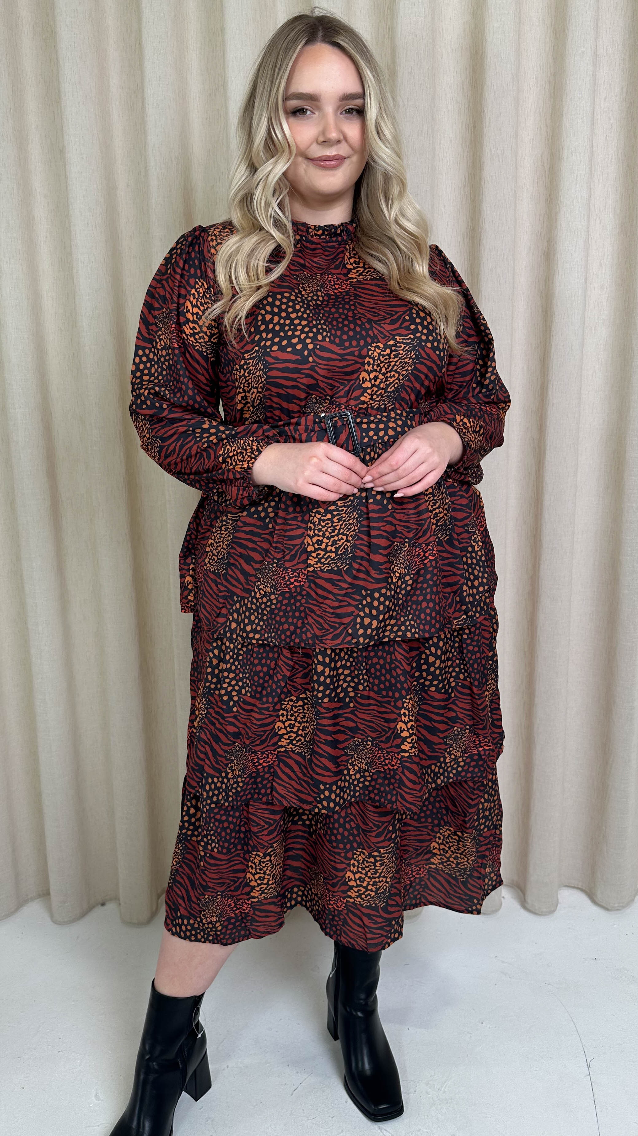 CurveWow Tiered Belt Midi Dress Rust Mixed Animal