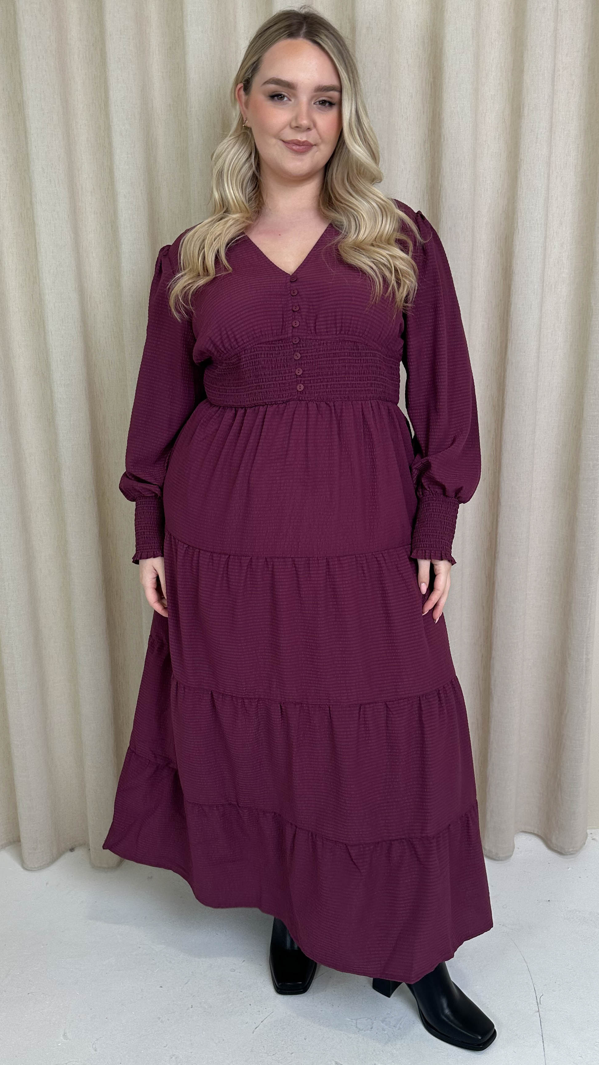 CurveWow Textured Button Front Shirred Waist Maxi Dress Plum