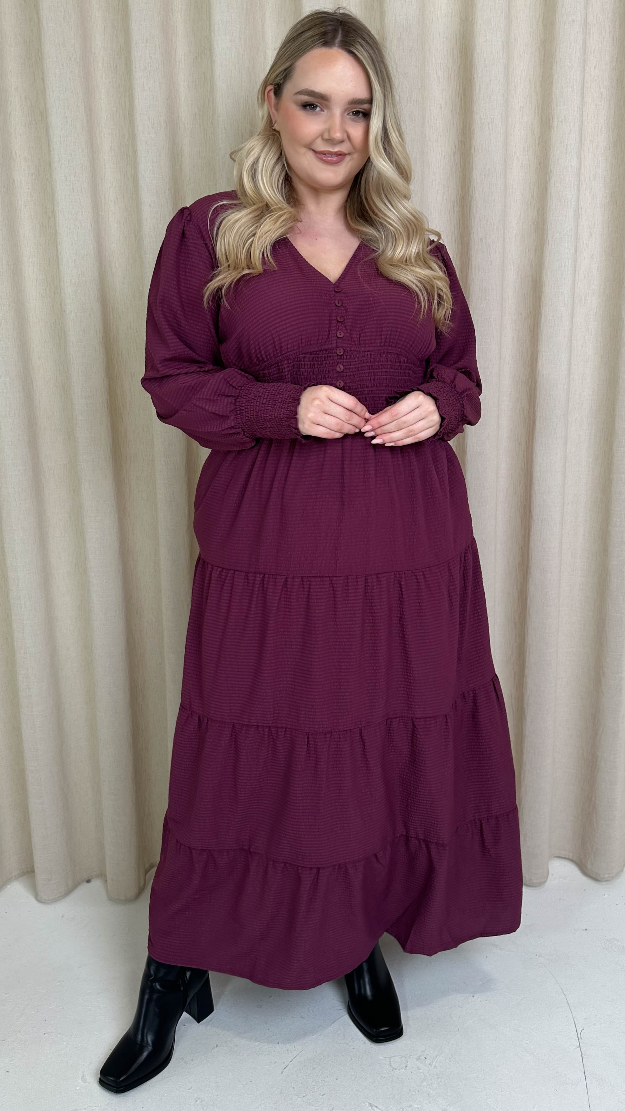 CurveWow Textured Button Front Shirred Waist Maxi Dress Plum