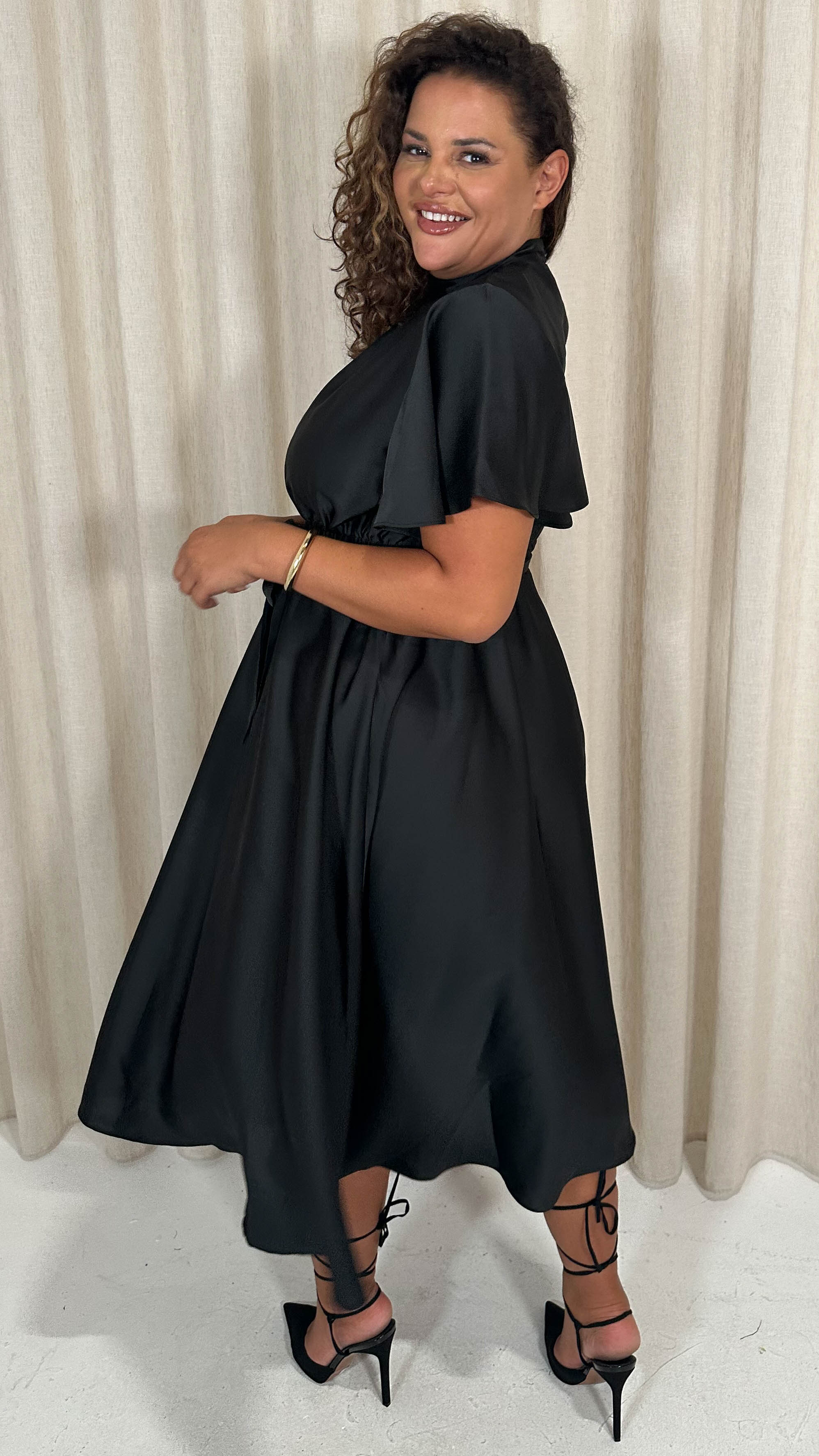 CurveWow High Neck Angel Sleeve Pleated Midi Dress Black