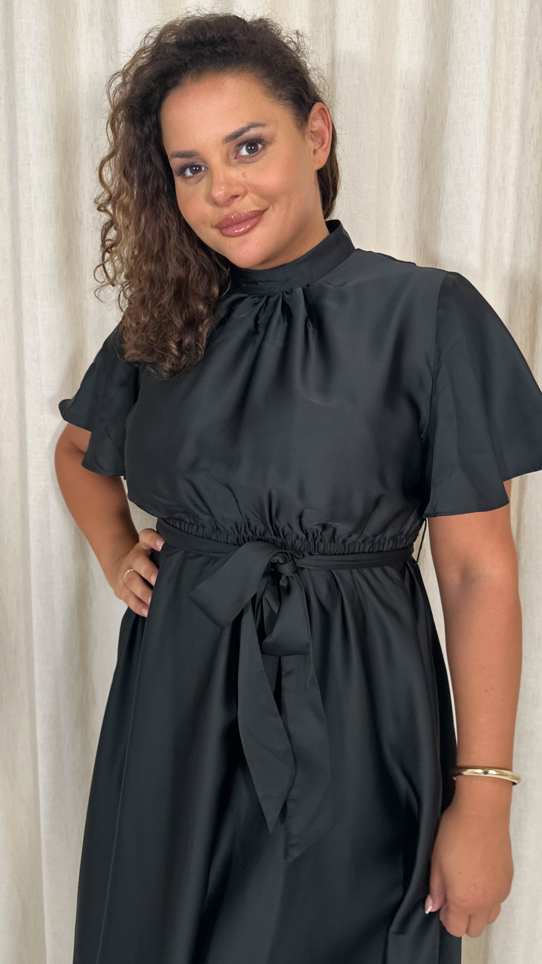 CurveWow High Neck Angel Sleeve Pleated Midi Dress Black