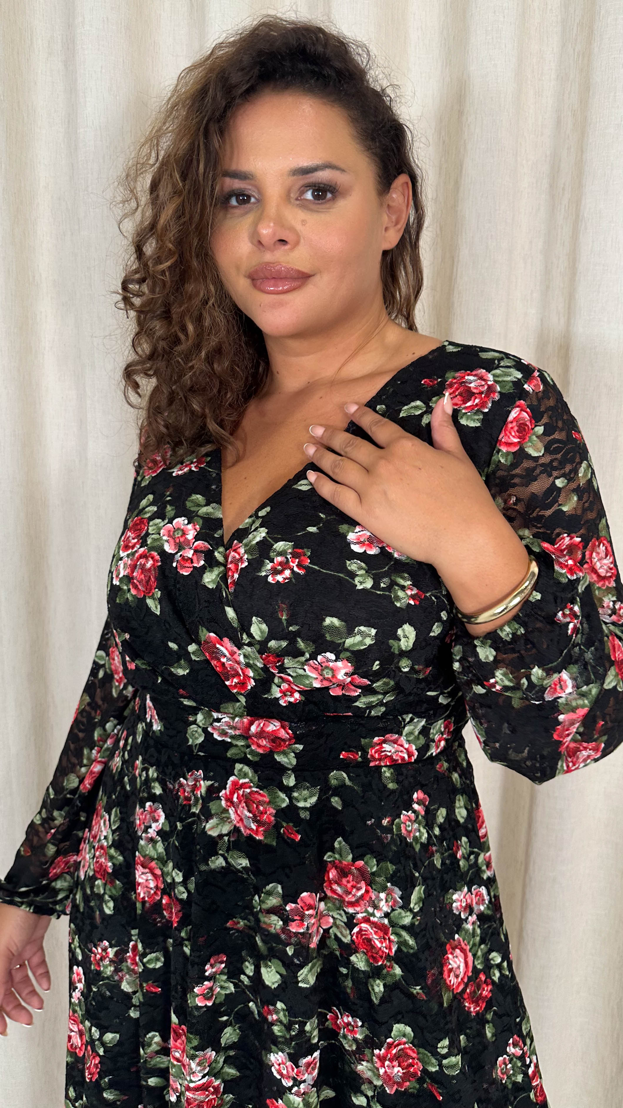 CurveWow Lace Plunge Ruffle Skater Dress Black Floral