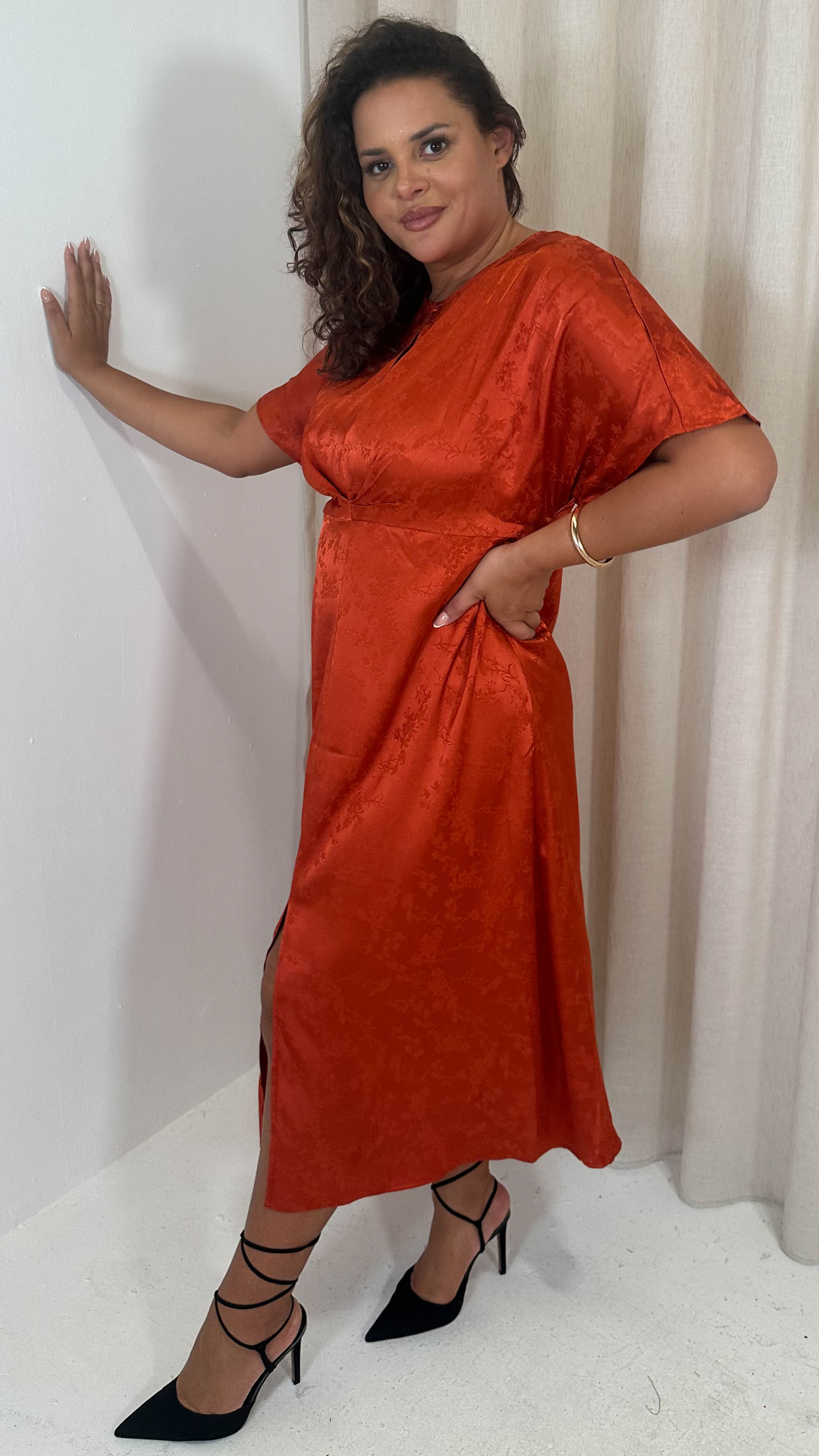 CurveWow Keyhole Oriental Satin Dress Rust