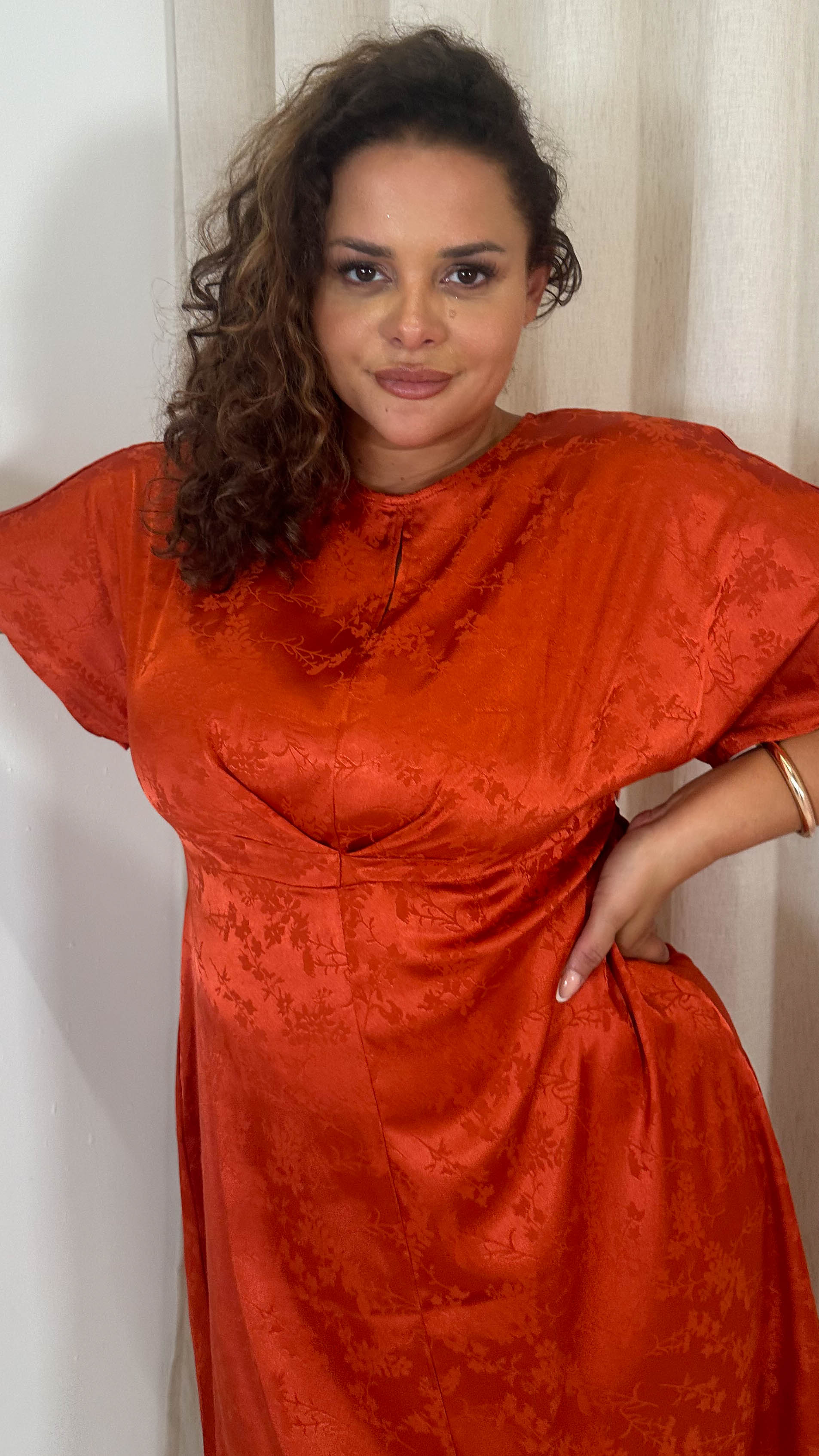 CurveWow Keyhole Oriental Satin Dress Rust