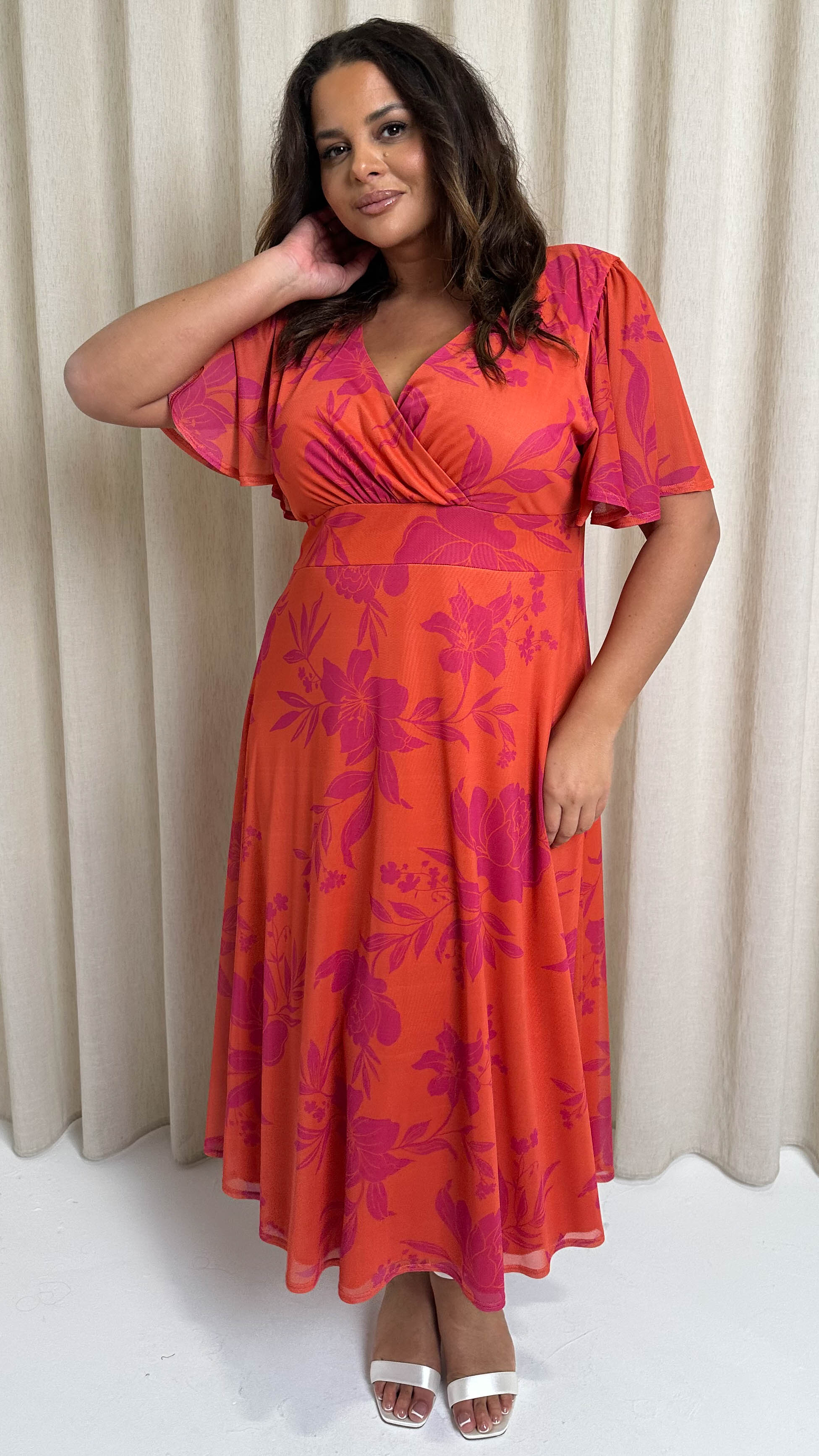 CurveWow Mesh Angel Sleeve Dress Coral Floral