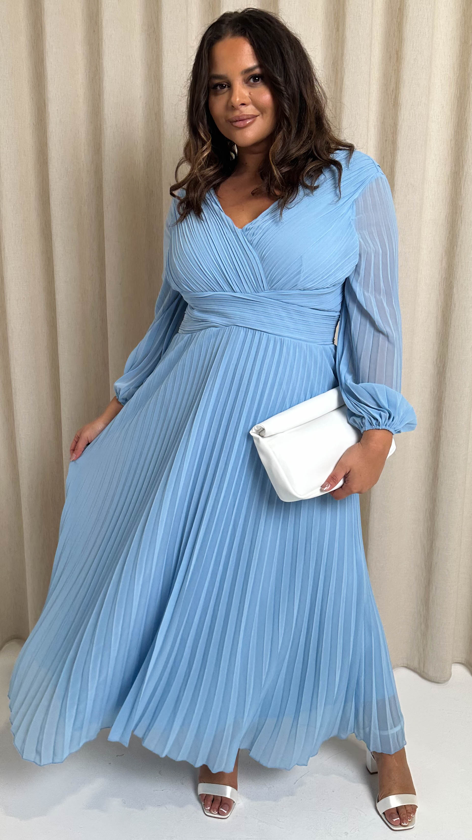 CurveWow Pleated Wrap Maxi Dress Light Blue