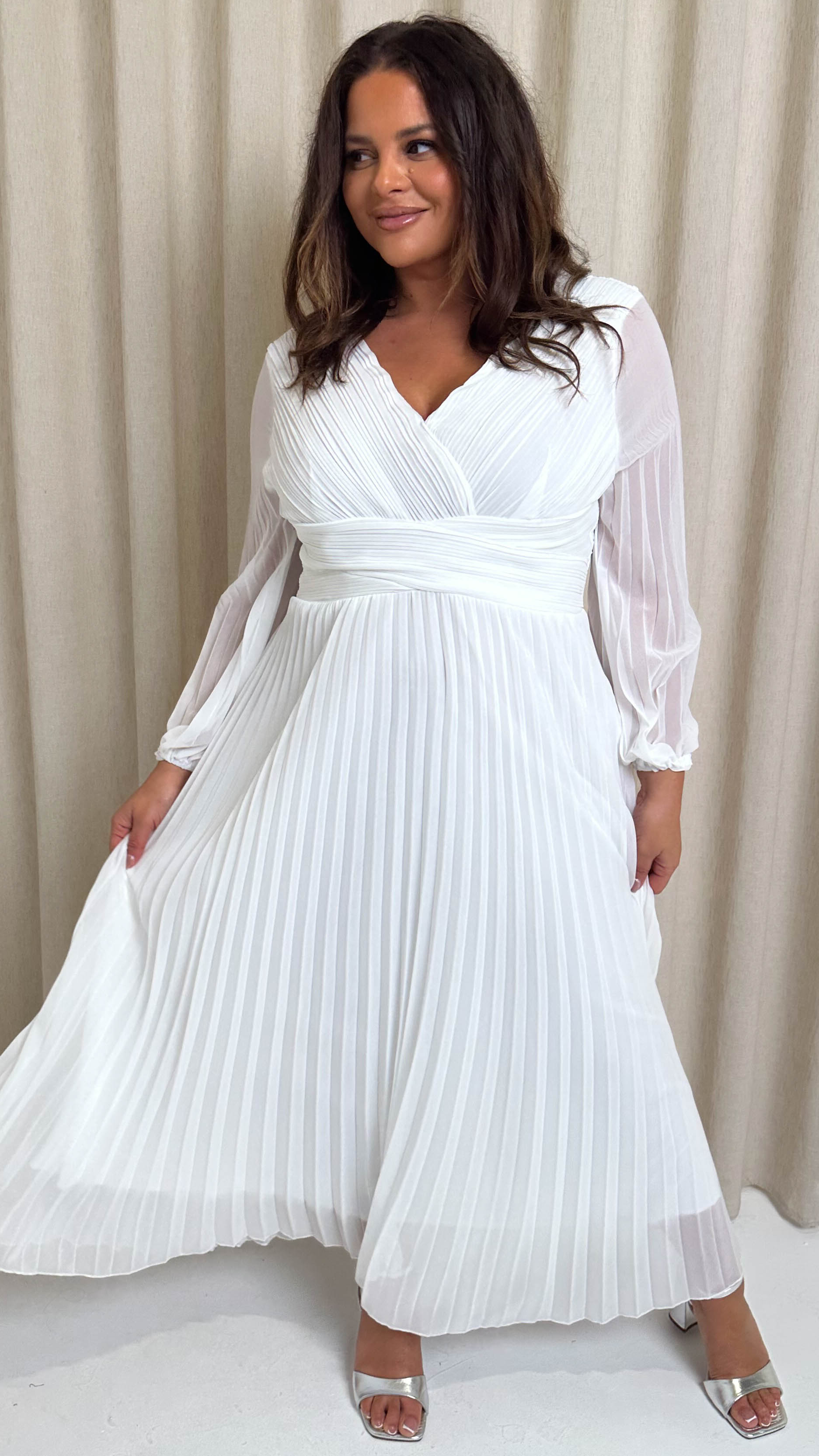 CurveWow Pleated Wrap Maxi Dress White
