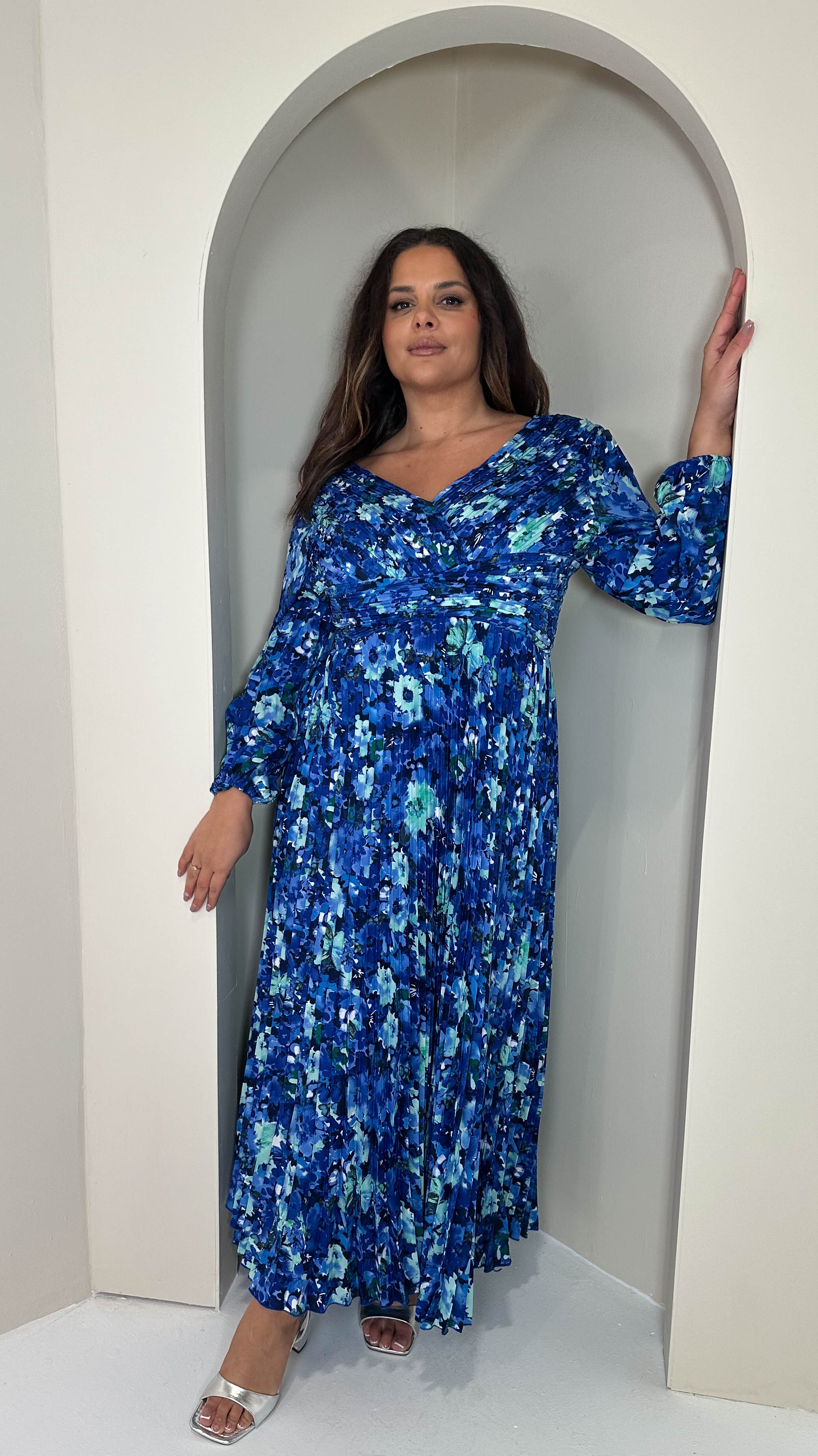 CurveWow Pleated Wrap Maxi Dress Blue Floral