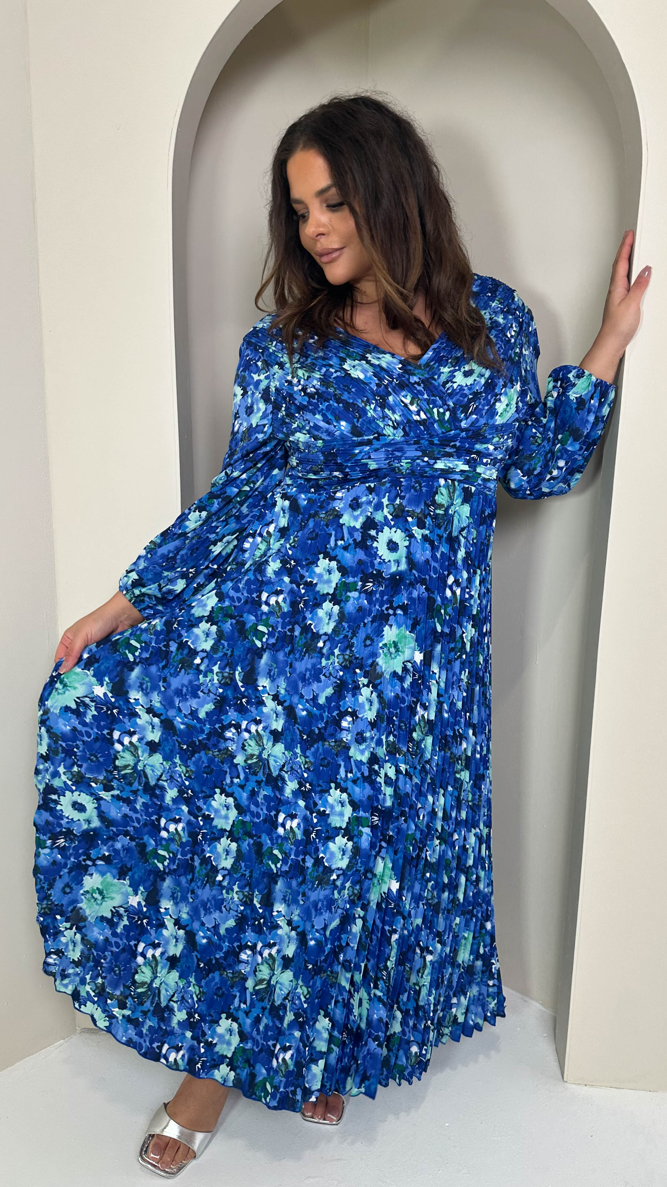 CurveWow Pleated Wrap Maxi Dress Blue Floral
