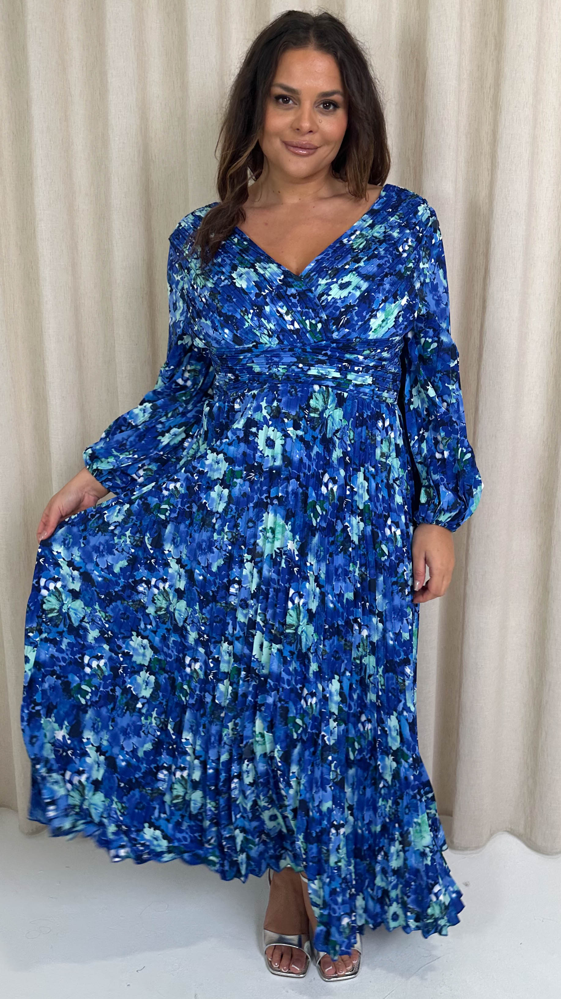 CurveWow Pleated Wrap Maxi Dress Blue Floral