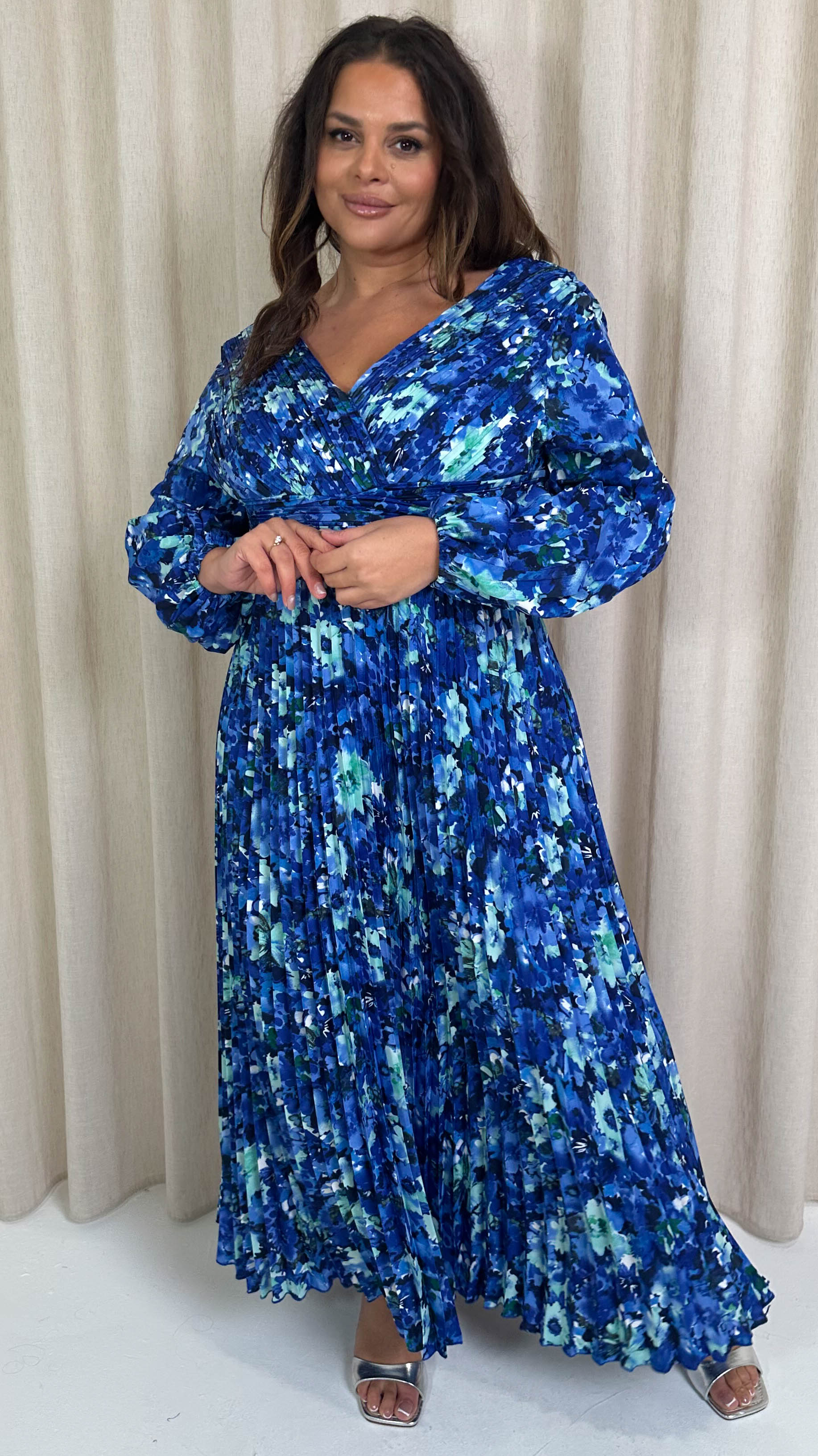 CurveWow Pleated Wrap Maxi Dress Blue Floral