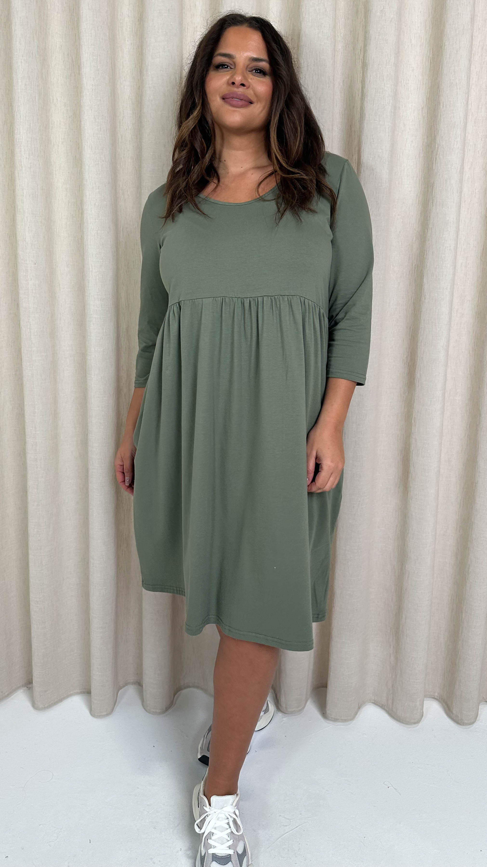 CurveWow Pocket Smock Dress Khaki