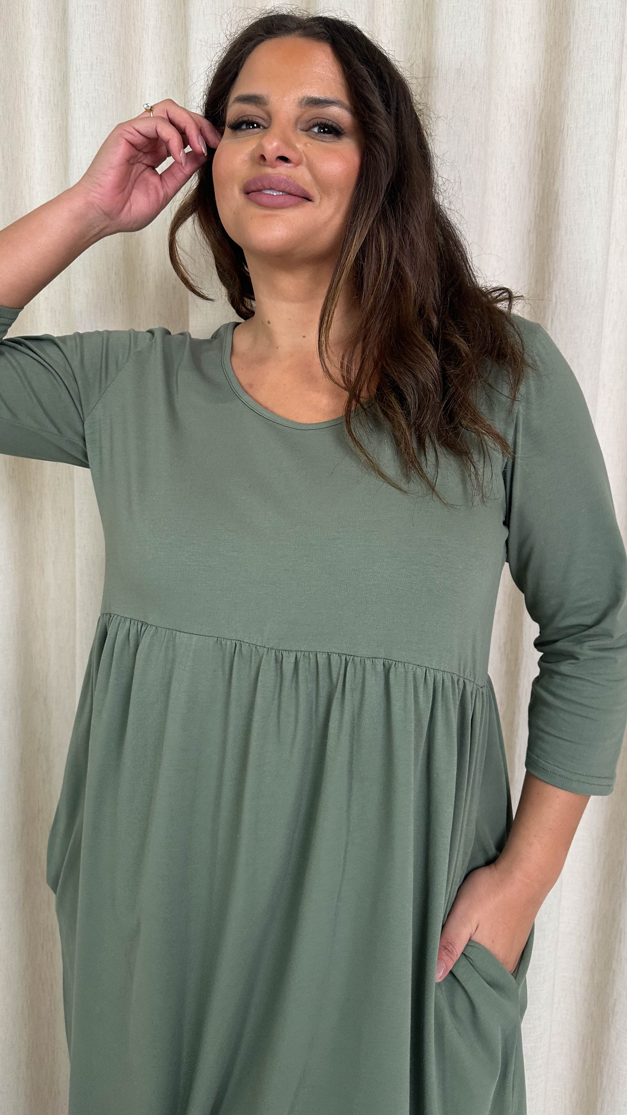 CurveWow Pocket Smock Dress Khaki