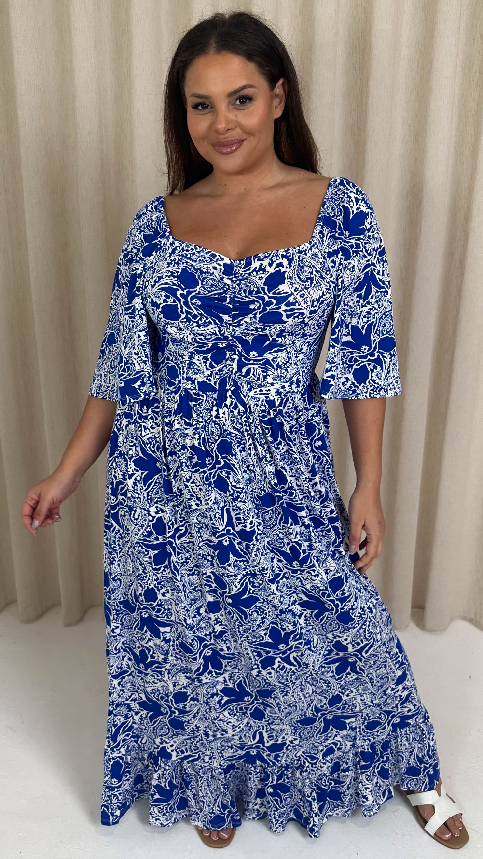 CurveWow Ruched Front Angel Sleeve Maxi Blue/White Floral