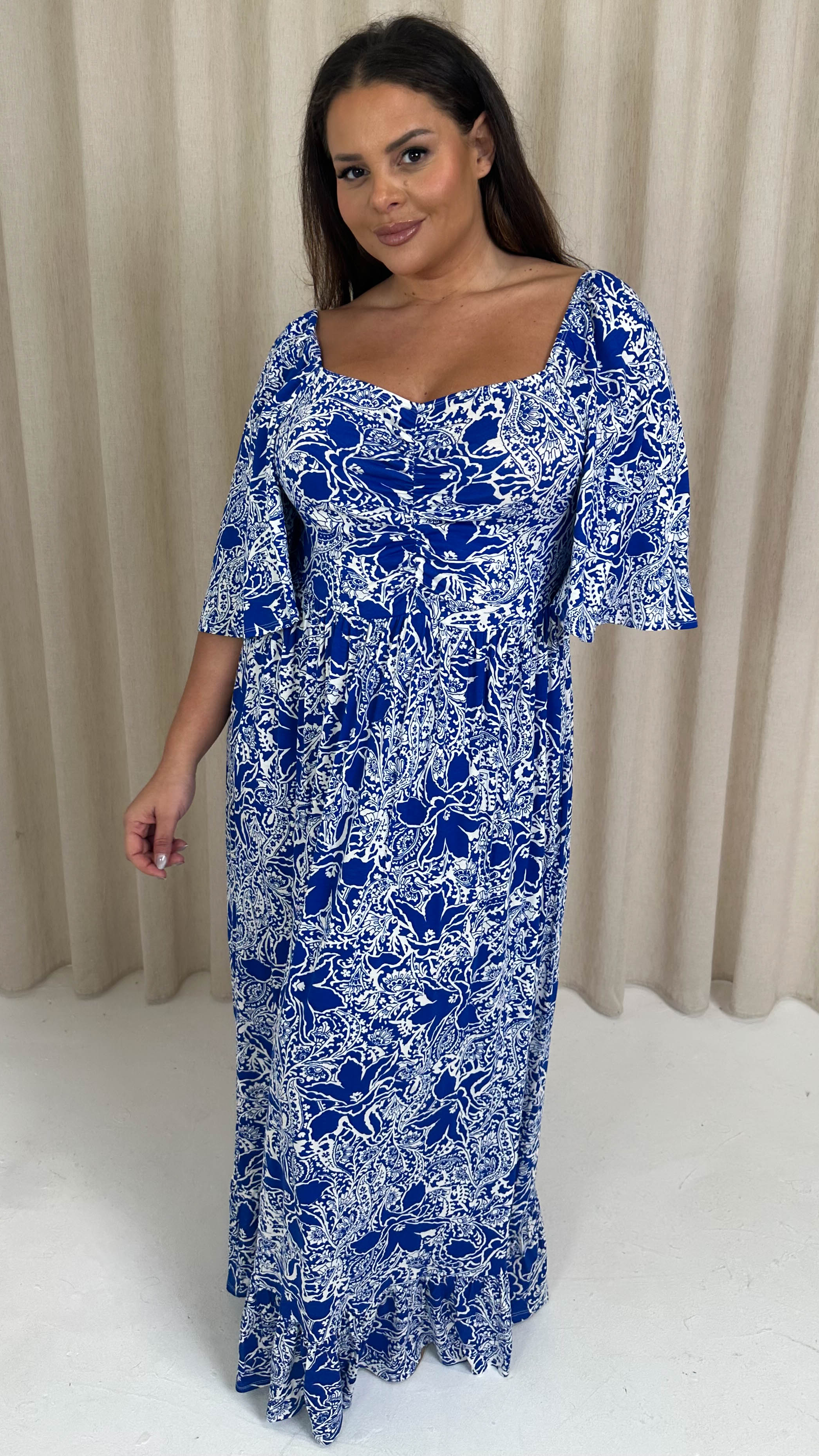 CurveWow Ruched Front Angel Sleeve Maxi Blue/White Floral