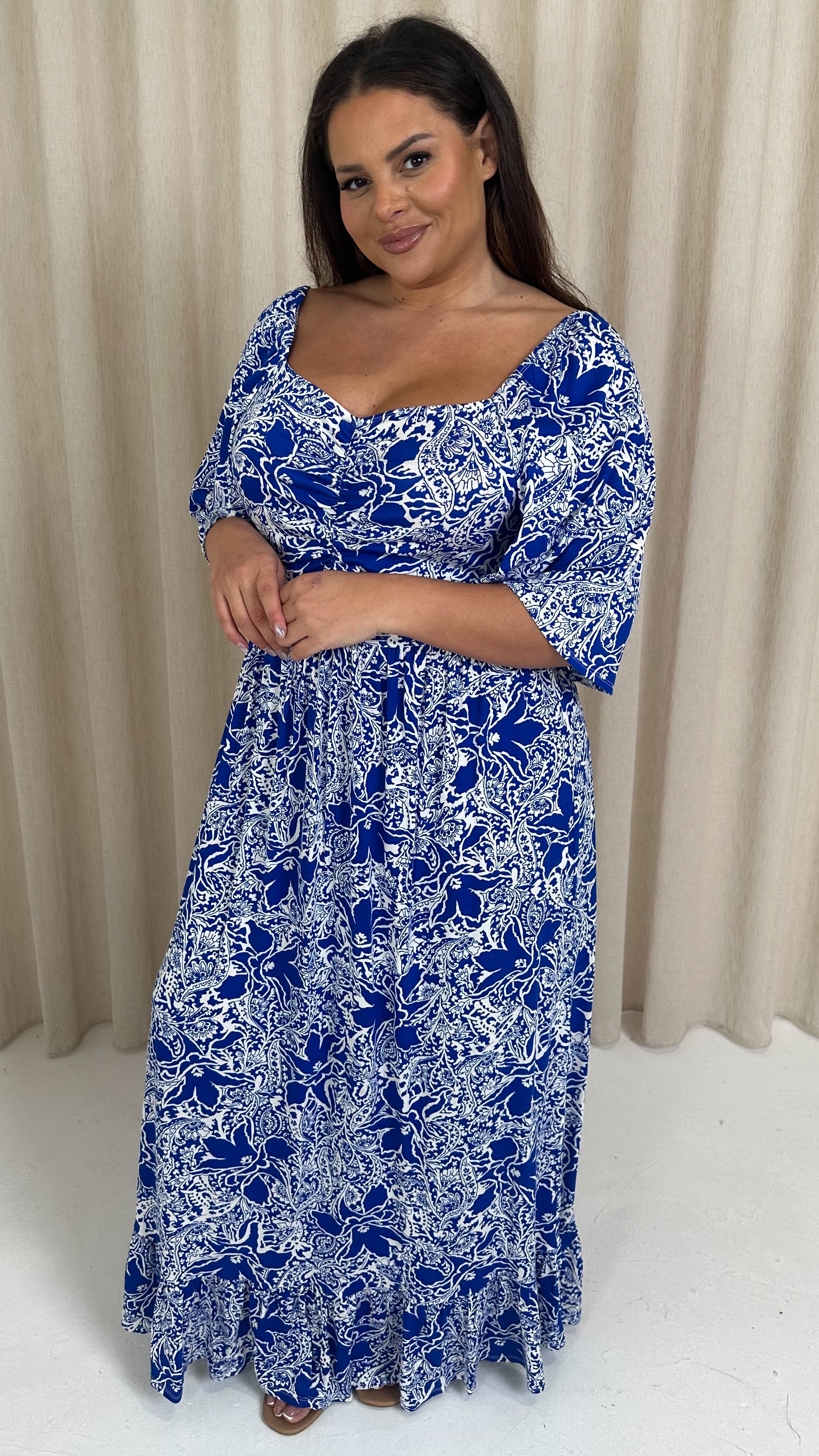 CurveWow Ruched Front Angel Sleeve Maxi Blue/White Floral