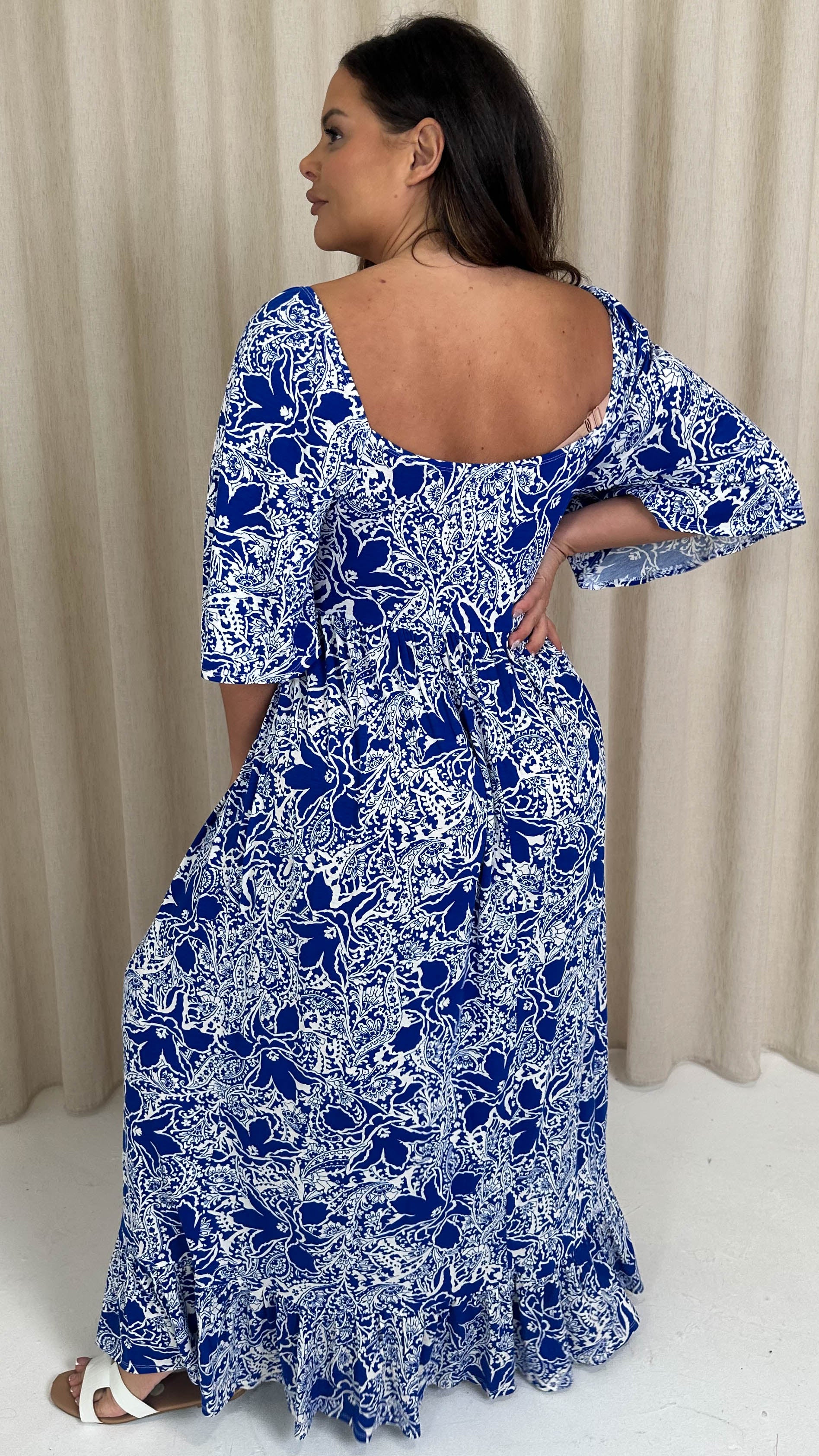 CurveWow Ruched Front Angel Sleeve Maxi Blue/White Floral