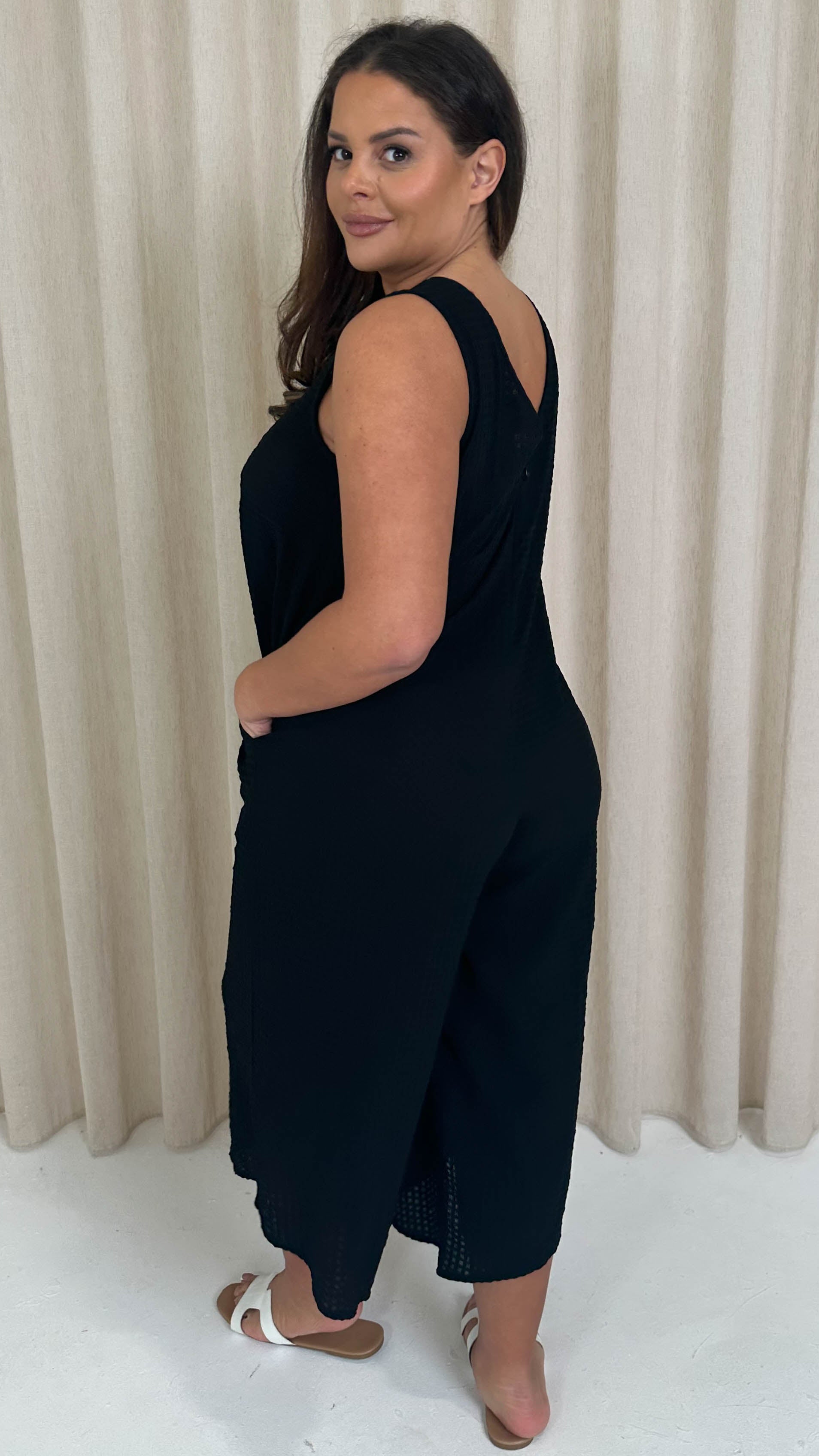 CurveWow Textured Summer Jumpsuit Black