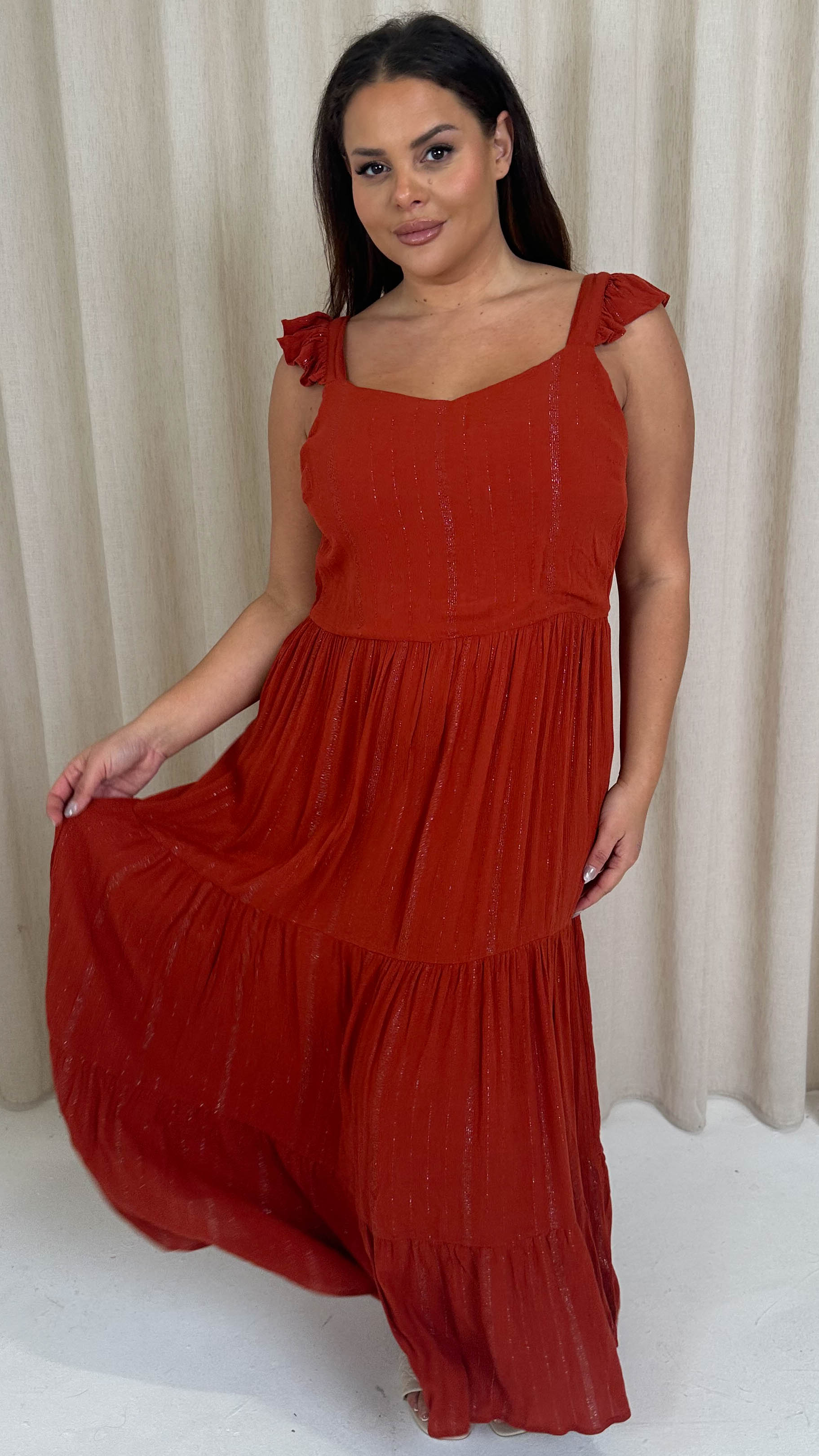 CurveWow Lurex Tiered Bow Back Maxi Dress Rust