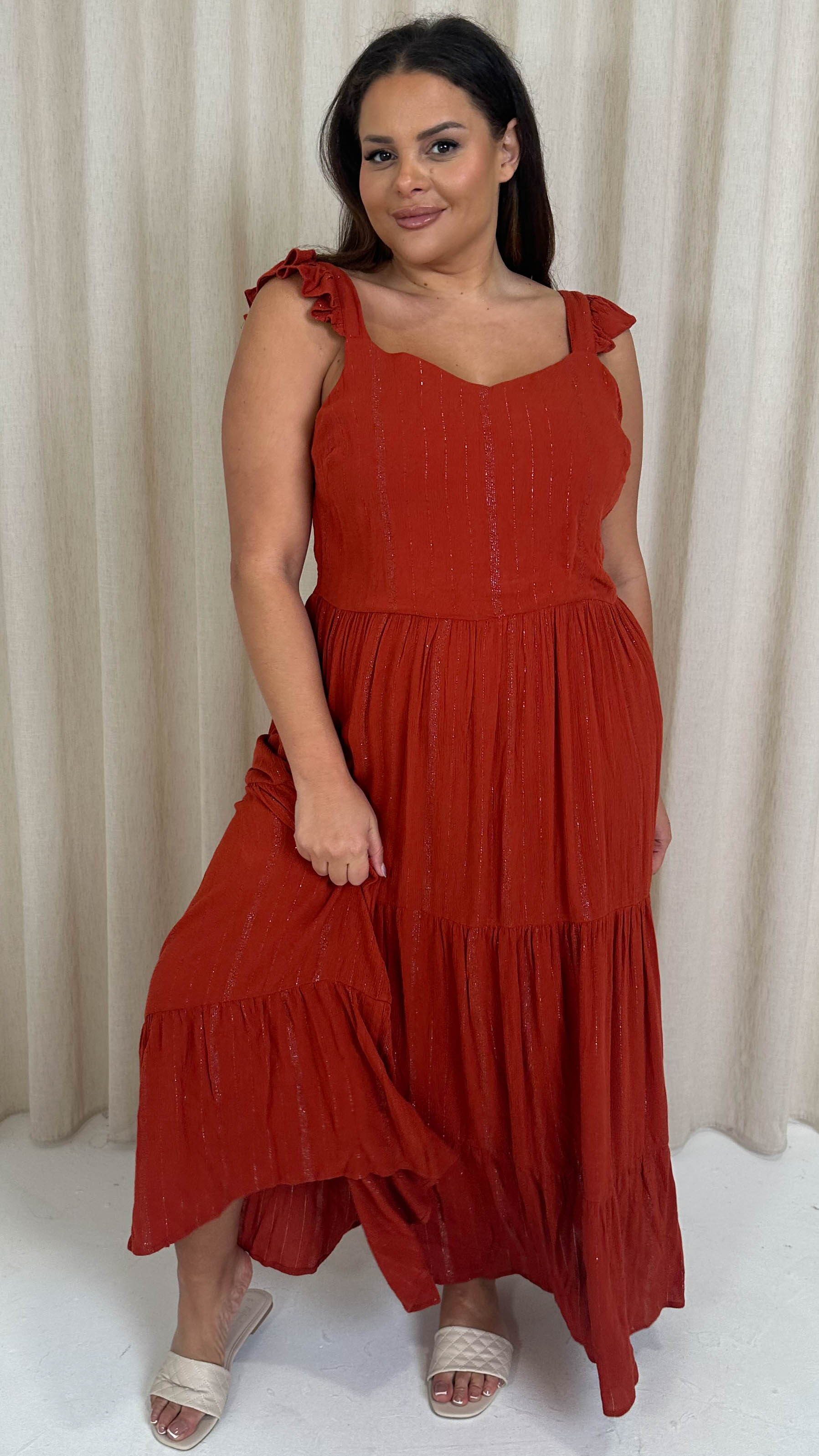 CurveWow Lurex Tiered Bow Back Maxi Dress Rust