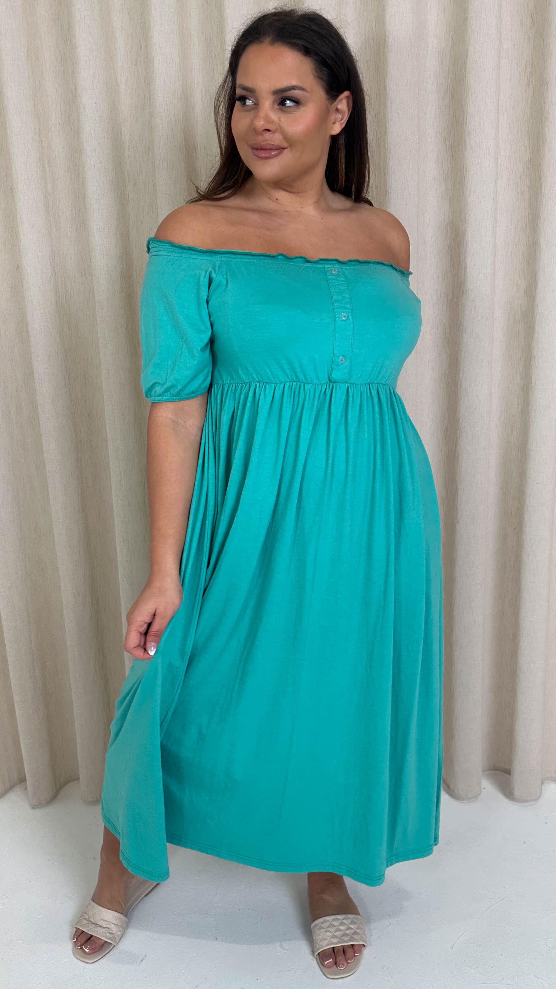 CurveWow Bardot Button Front Dress Atlantis Green