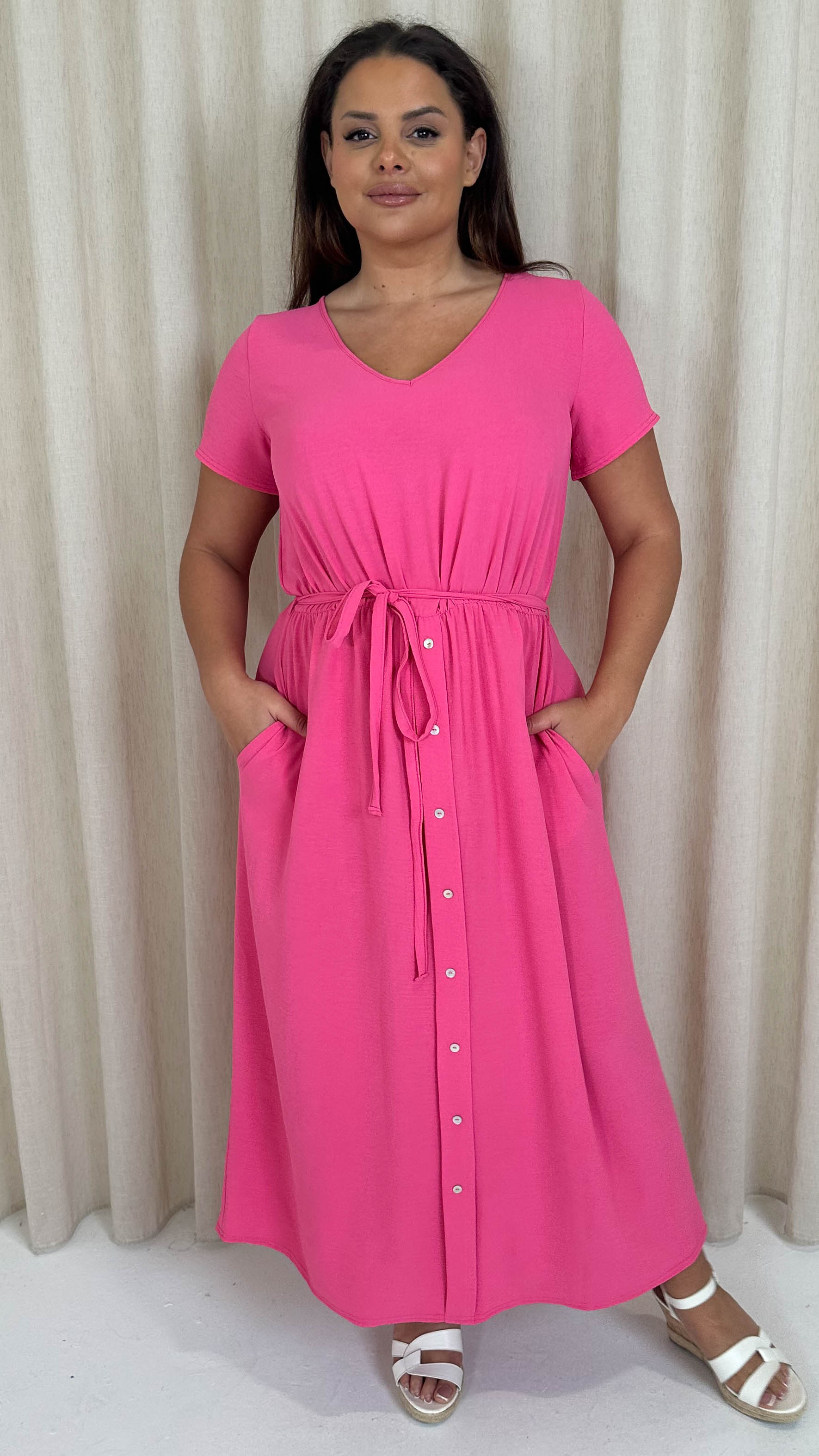 CurveWow Button Front Ocean Crepe Maxi Dress Cerise