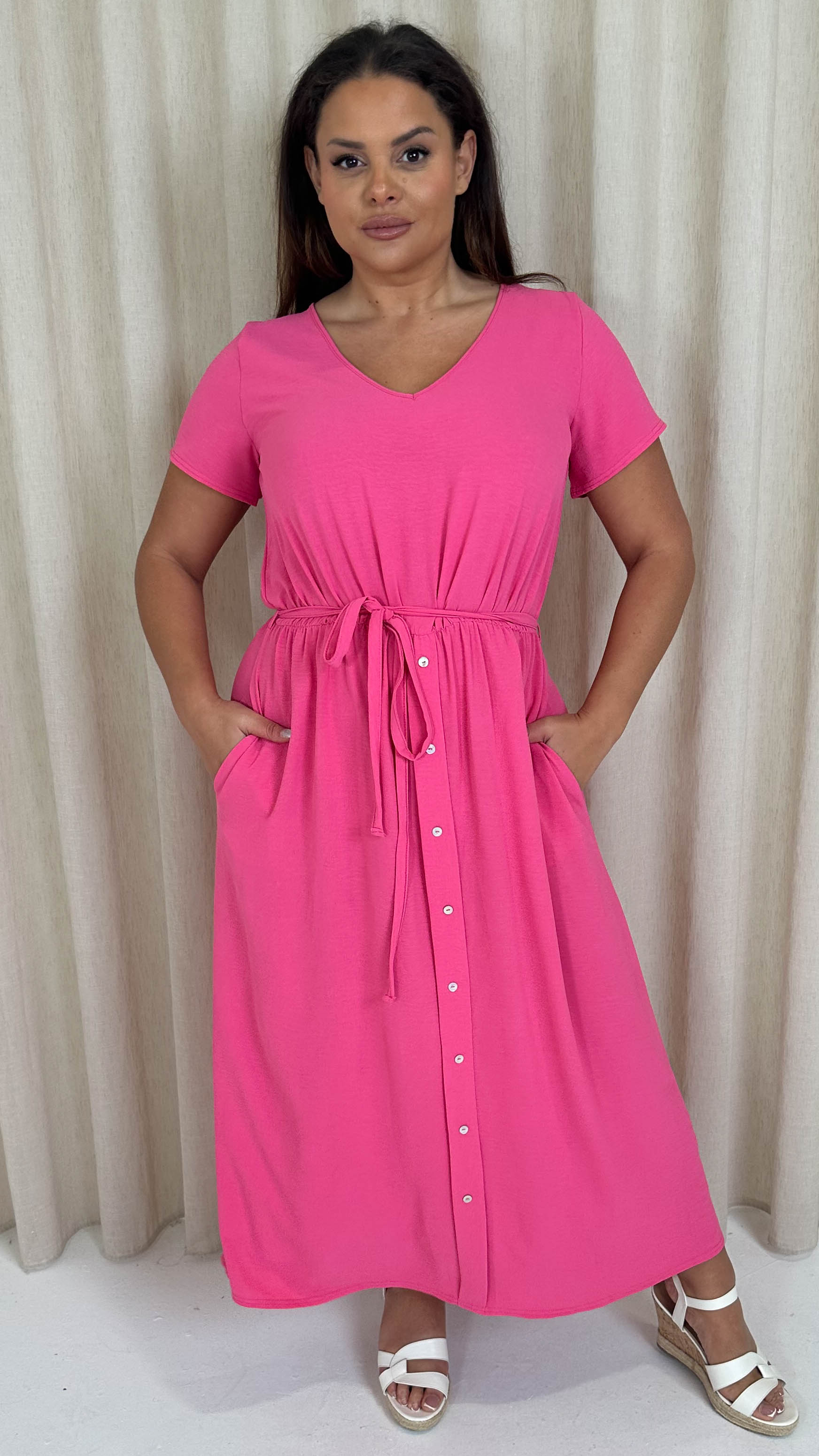 CurveWow Button Front Ocean Crepe Maxi Dress Cerise