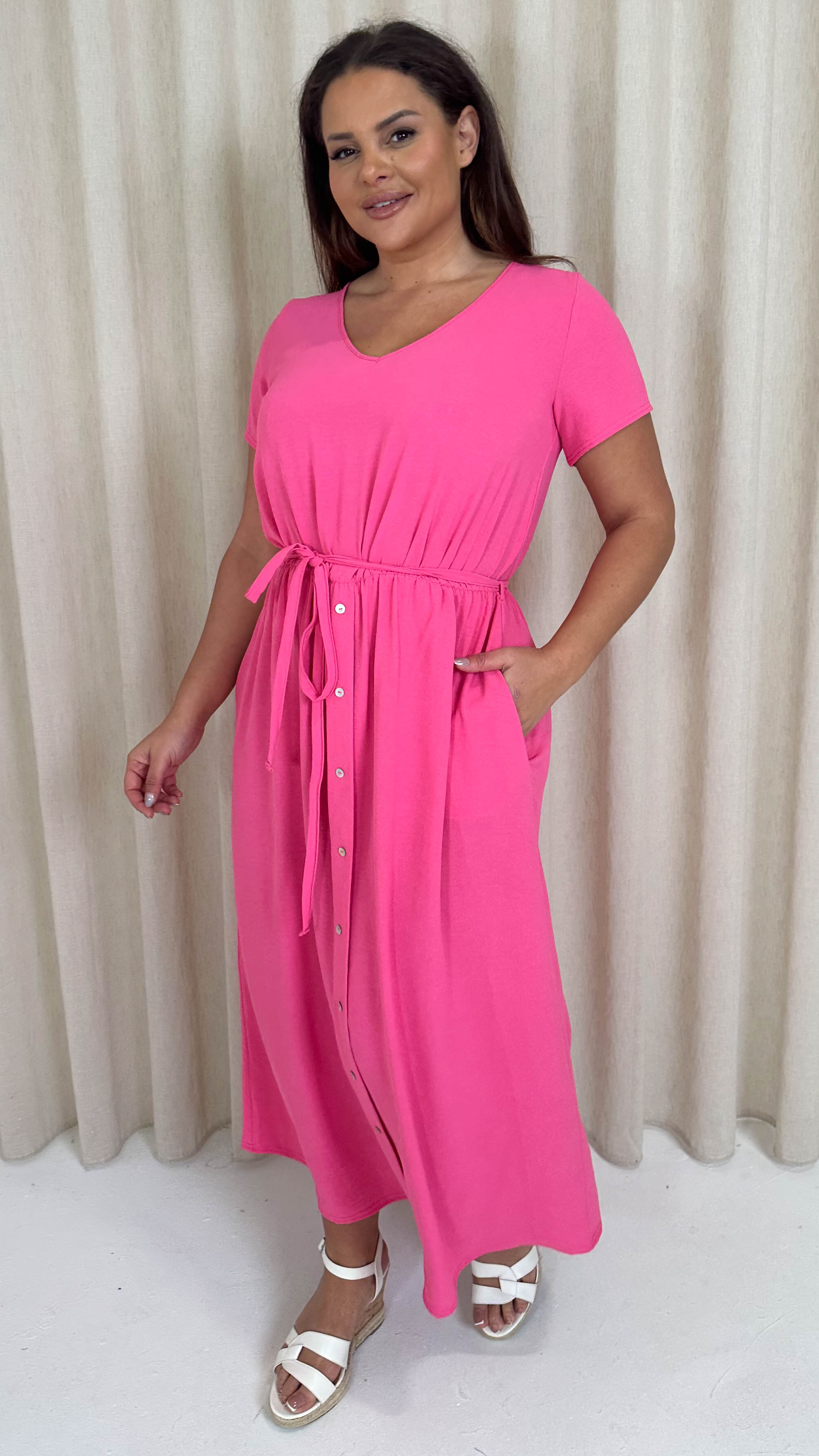 CurveWow Button Front Ocean Crepe Maxi Dress Cerise