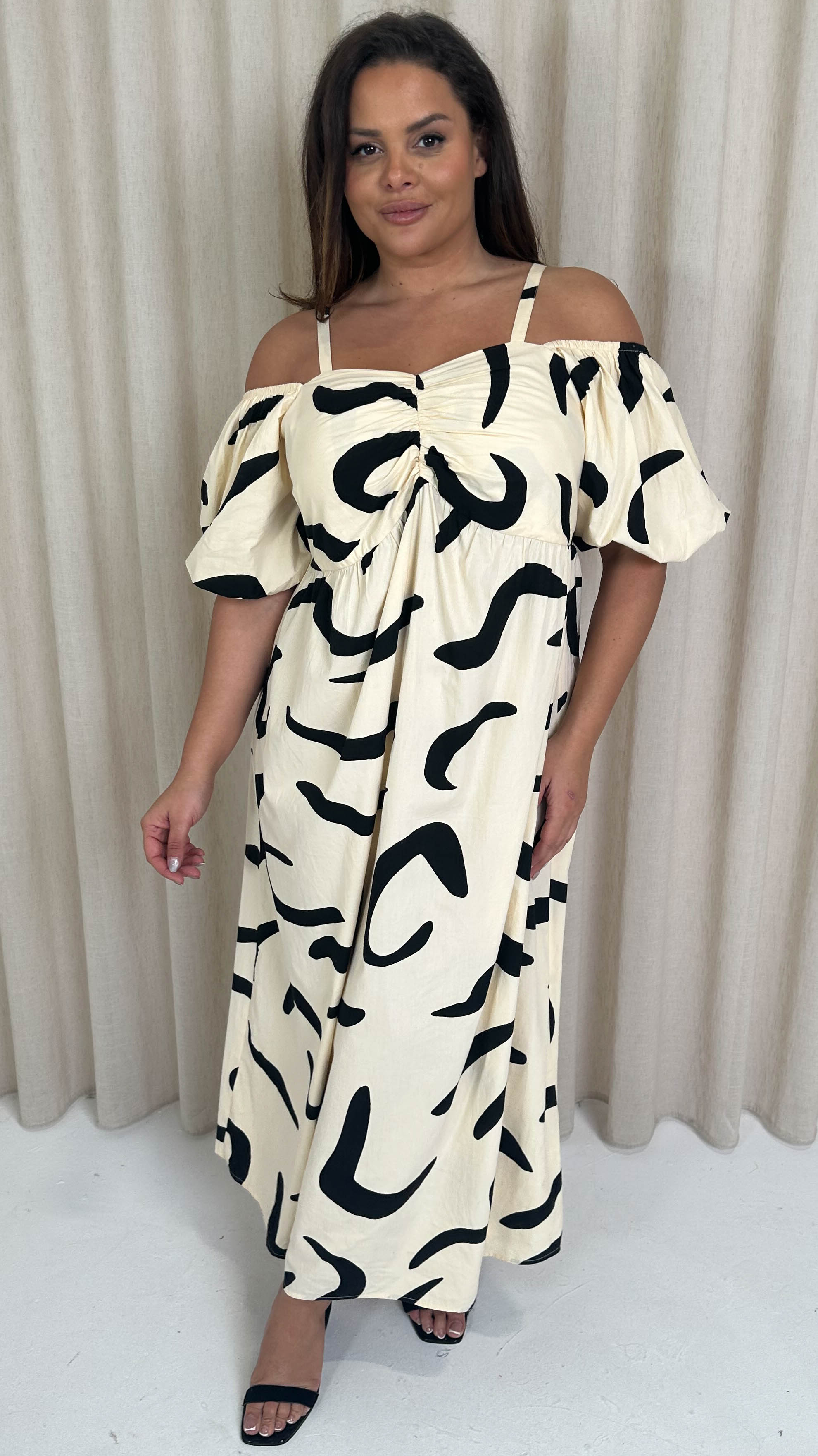 CurveWow Cotton Puff Sleeve Cold Shoulder Dress Mono