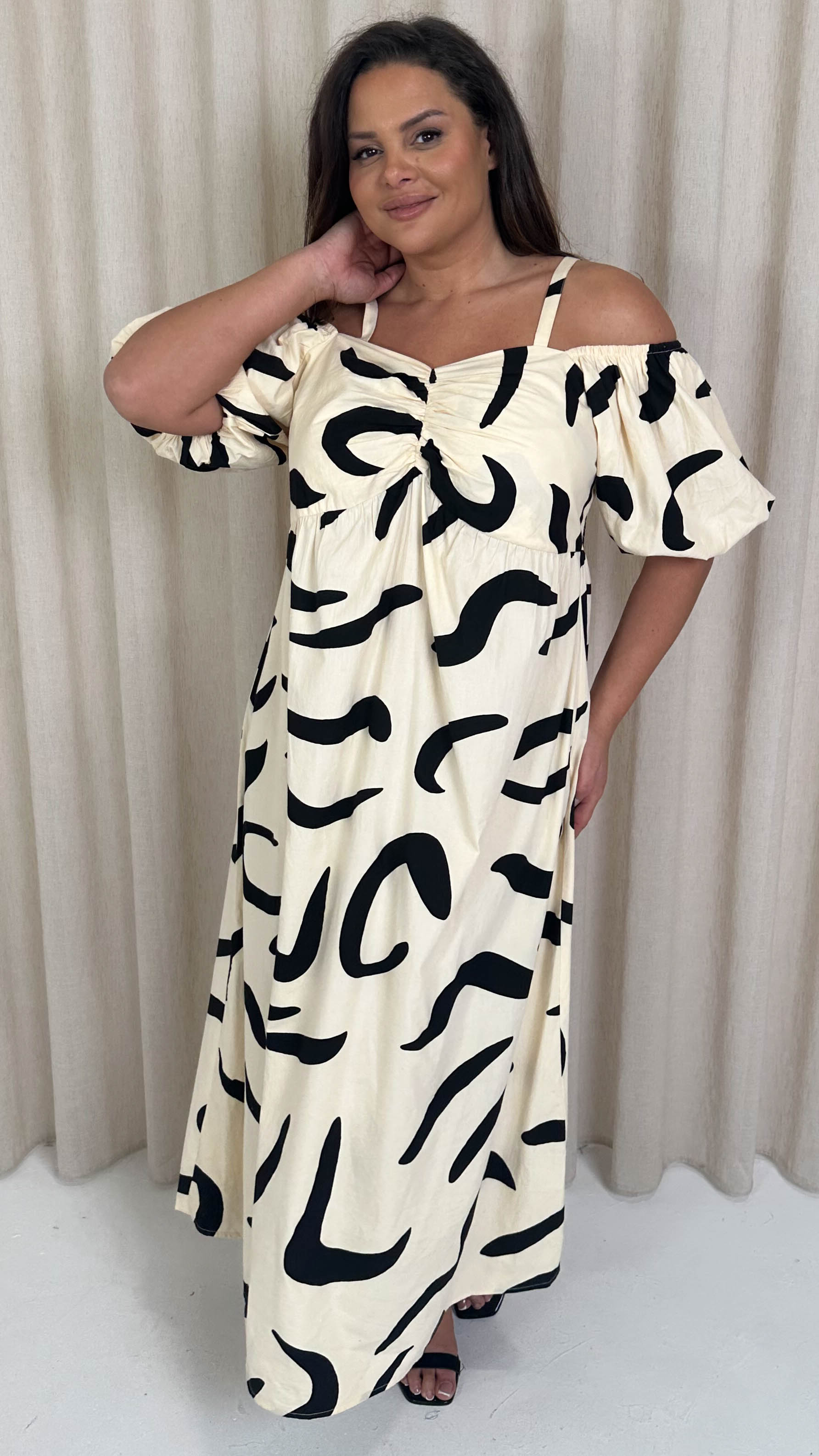 CurveWow Cotton Puff Sleeve Cold Shoulder Dress Mono