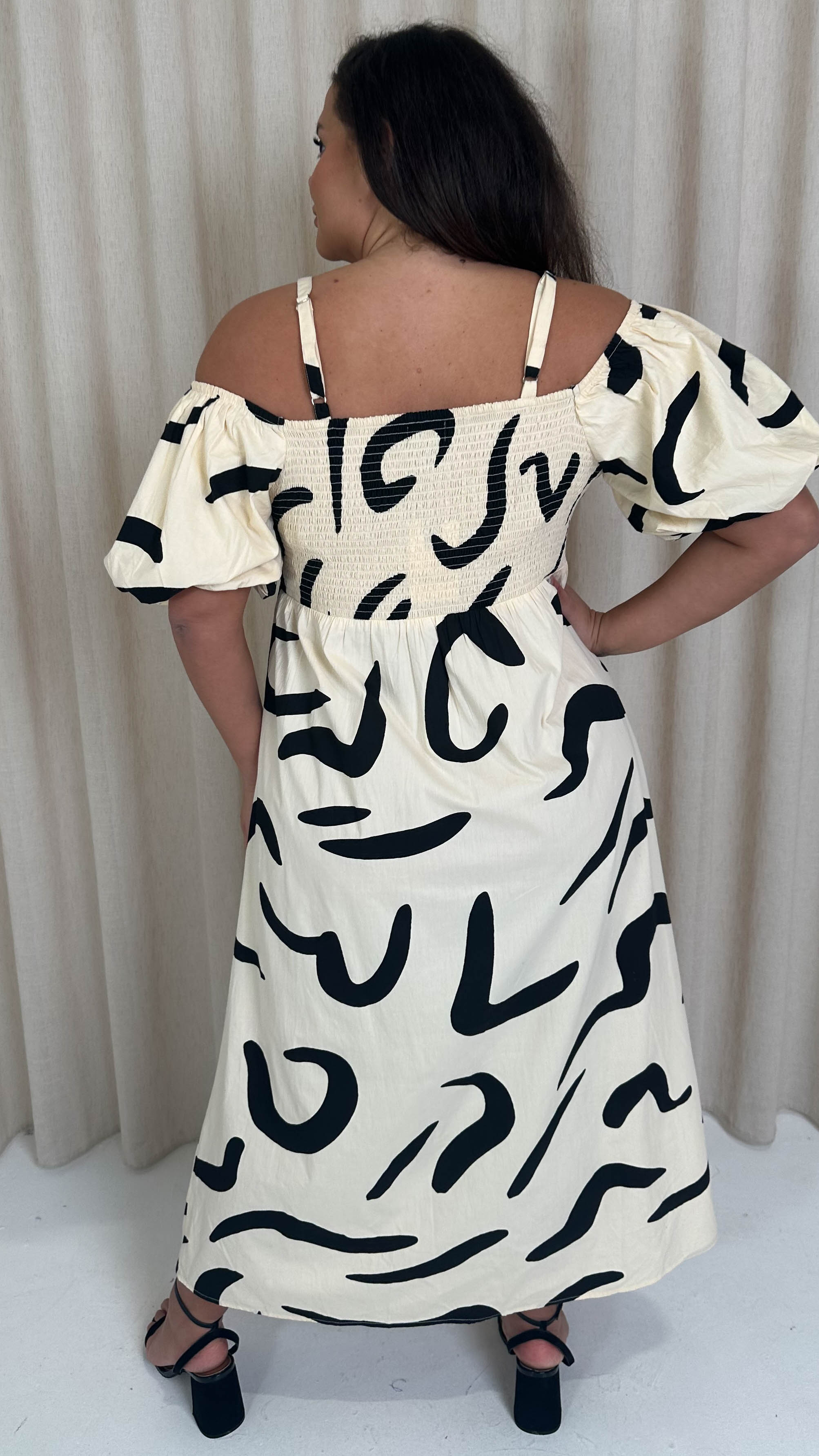 CurveWow Cotton Puff Sleeve Cold Shoulder Dress Mono