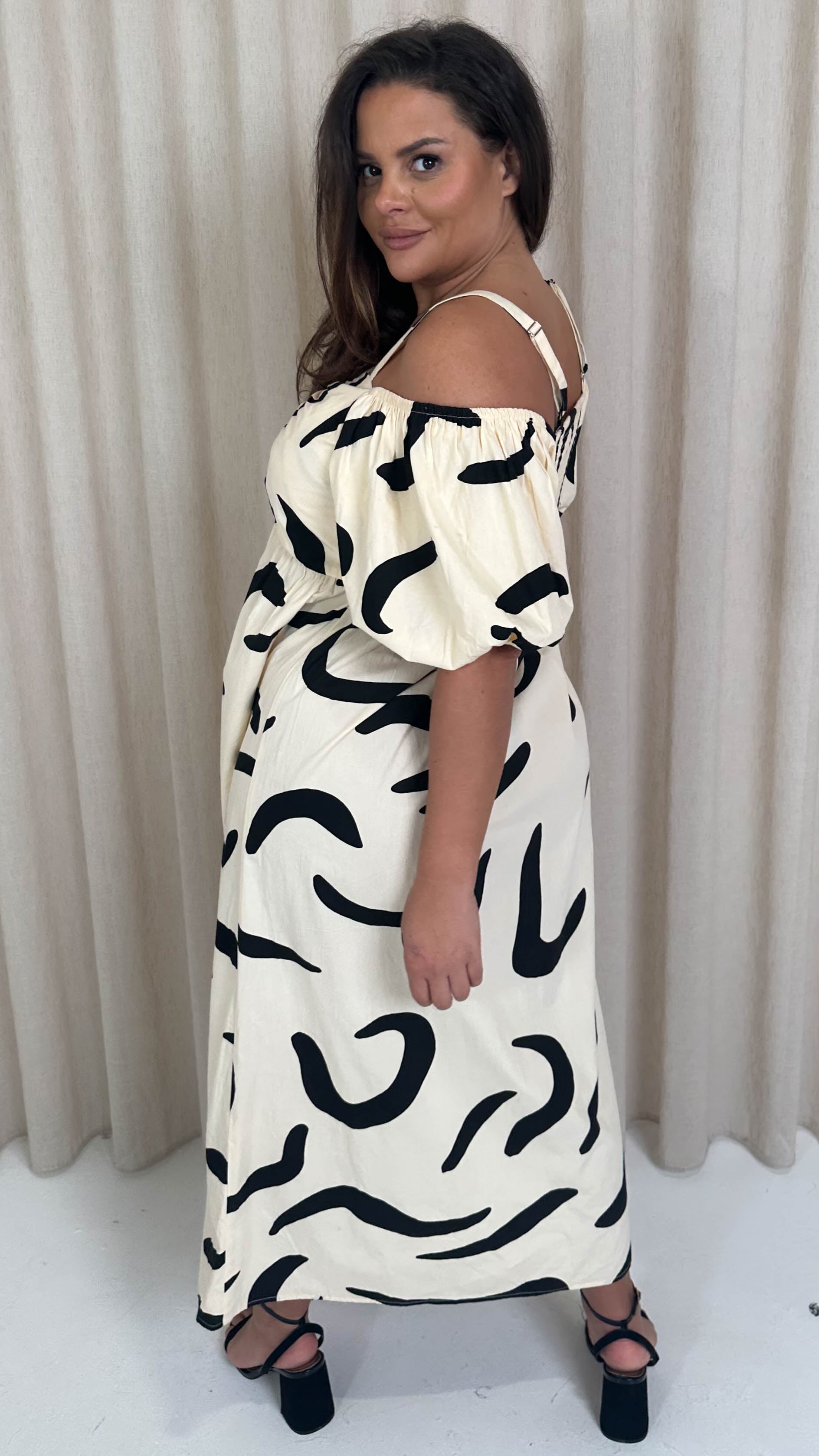 CurveWow Cotton Puff Sleeve Cold Shoulder Dress Mono