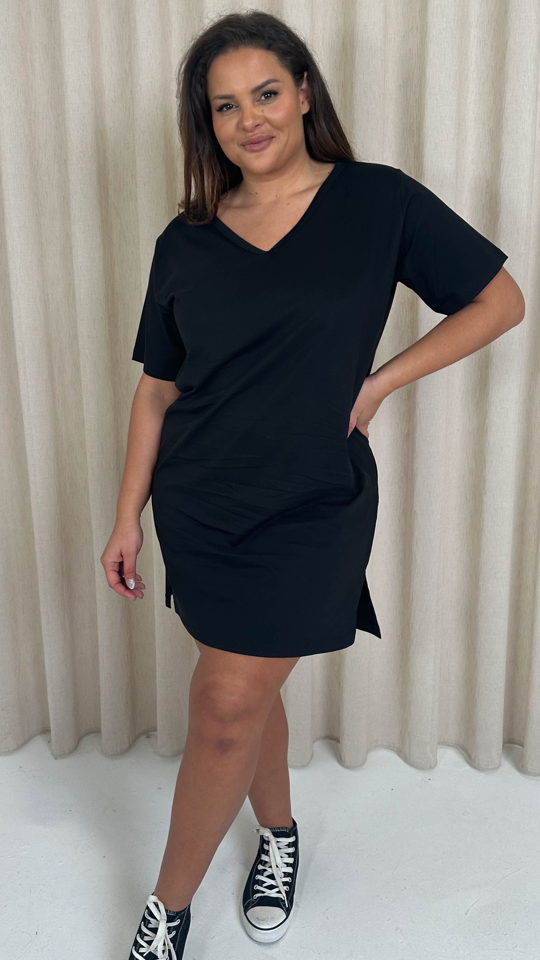 CurveWow V Neck Shirt Dress Black